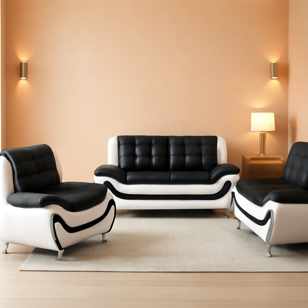 3 Piece Aldo Modern Faux Leather Sofa Set Black And White With Sofa Loveseat And Chair