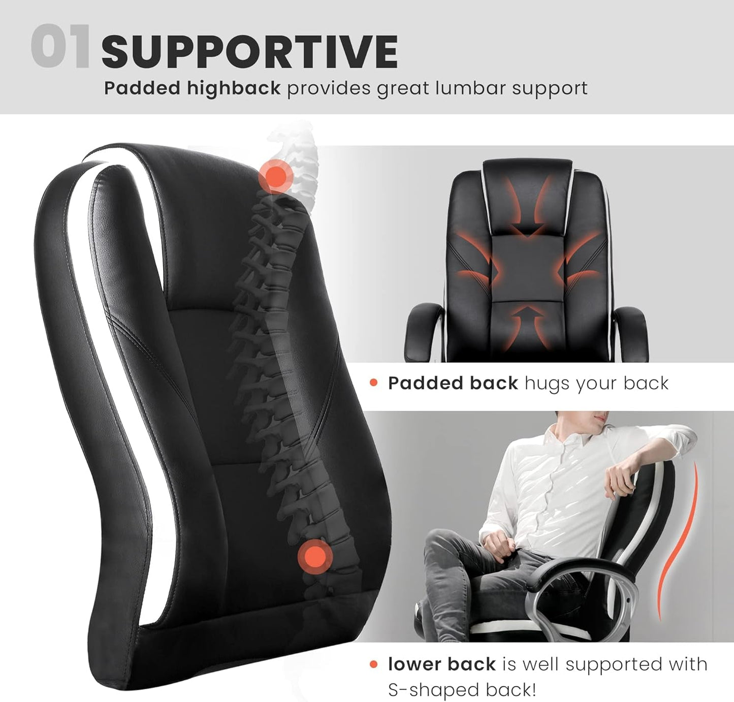 Ergonomic Black Leather Office Chair With Lumbar Support