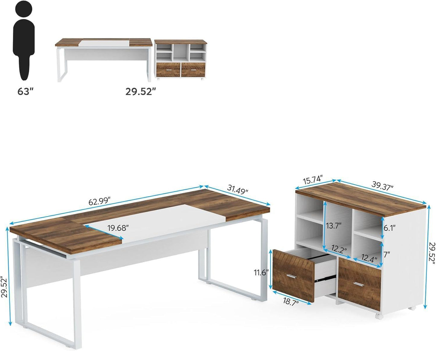 63 Inch L Shaped Desk Reversible Cabinet Natural Oak Wood Finish