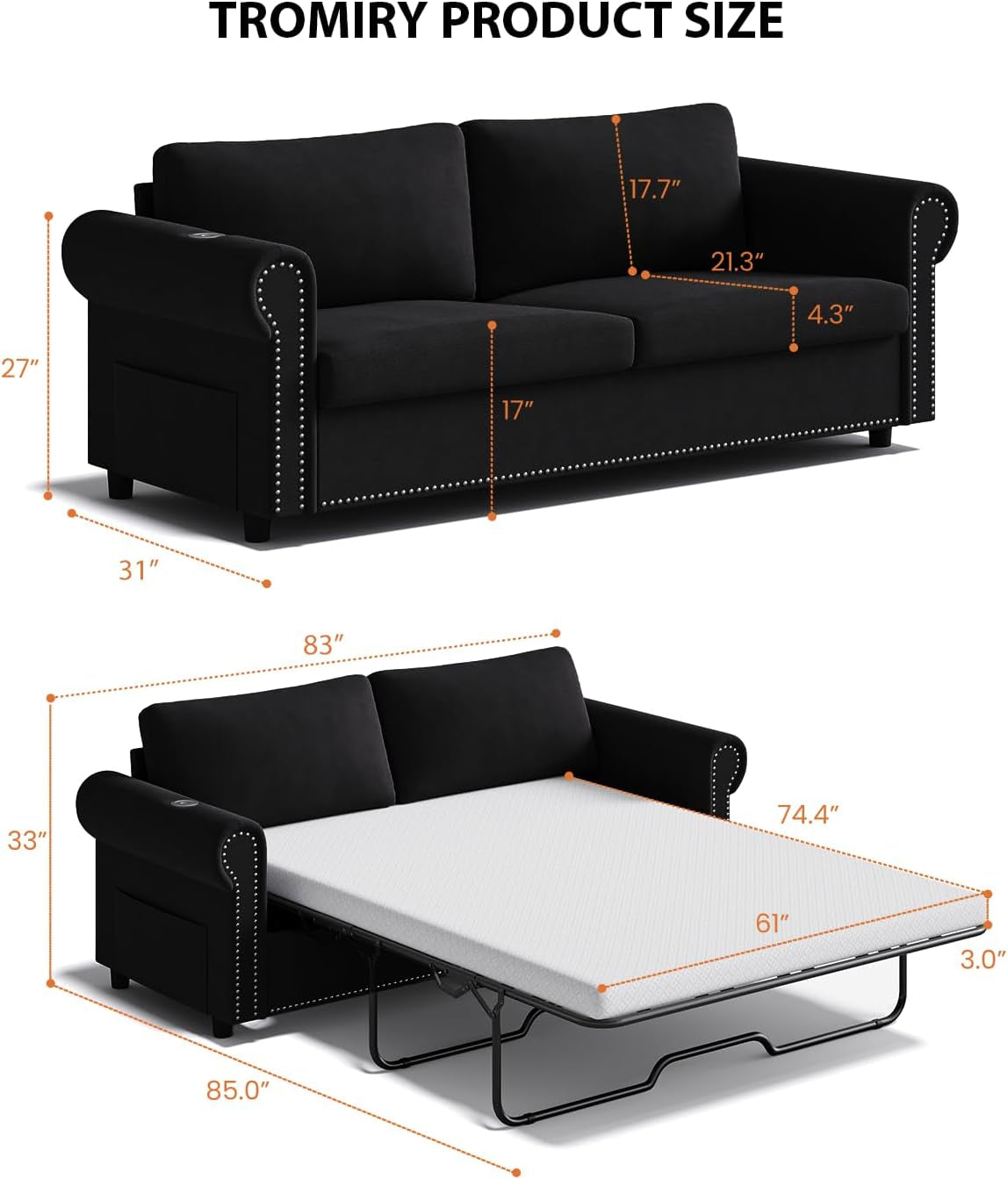 Queen Sleeper Sofa Bed Black Ergonomic Contemporary