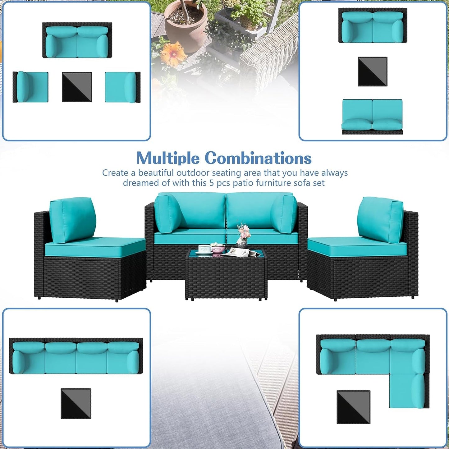 Five Piece Outdoor Patio Sectional Sofa Set Blue
