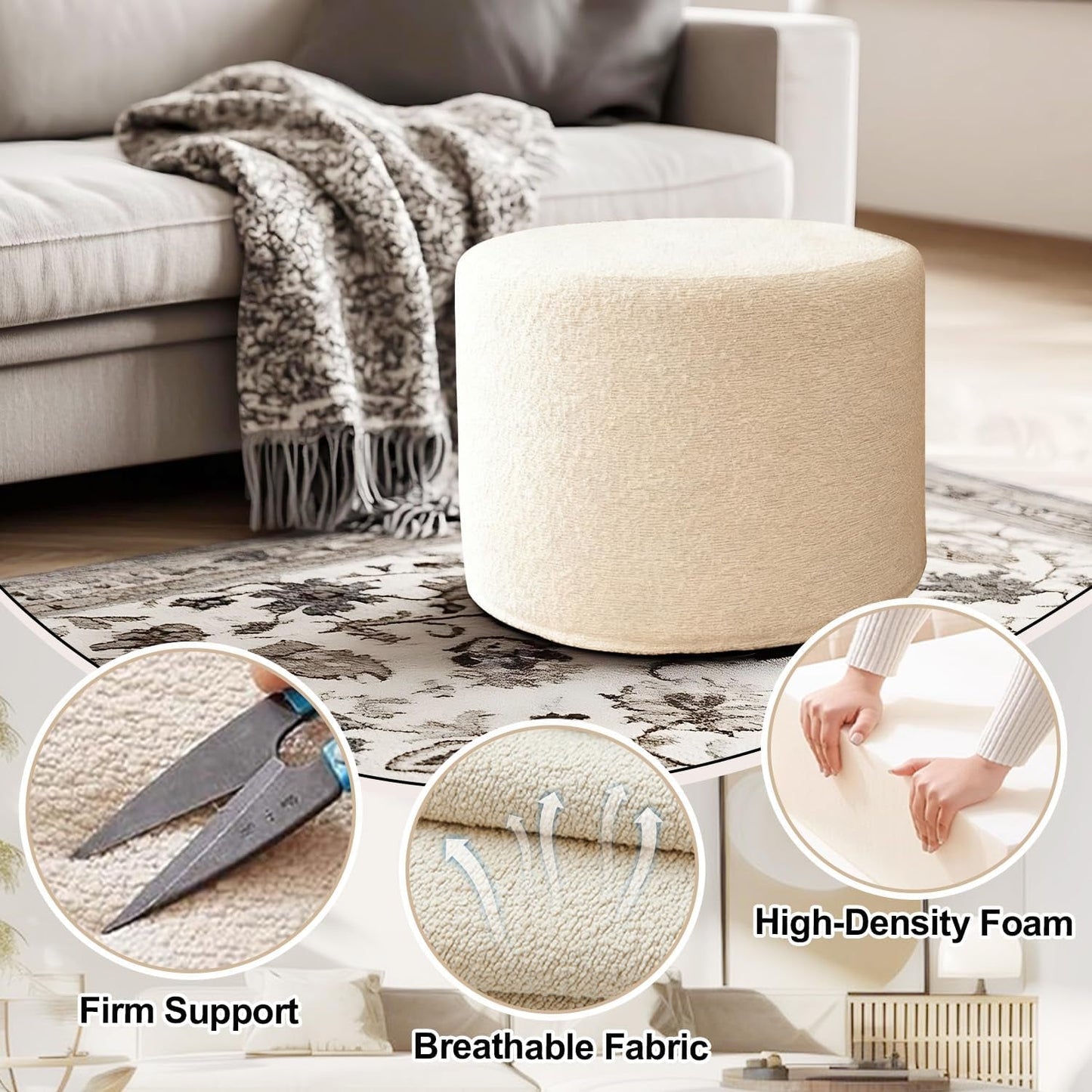 Round Ottoman Foot Rest 17x17x14 White Boucle Fabric