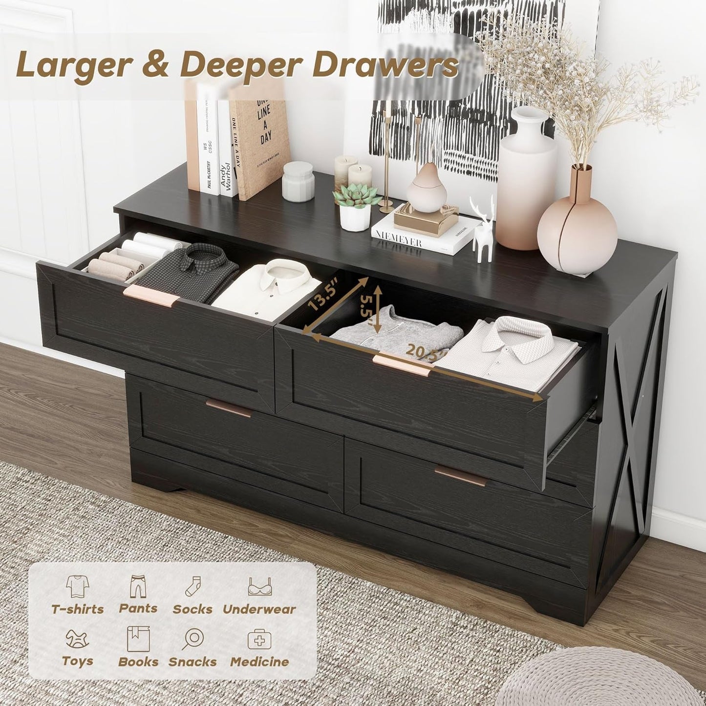 Contemporary Black 6 Drawer Dresser With SoftClosing