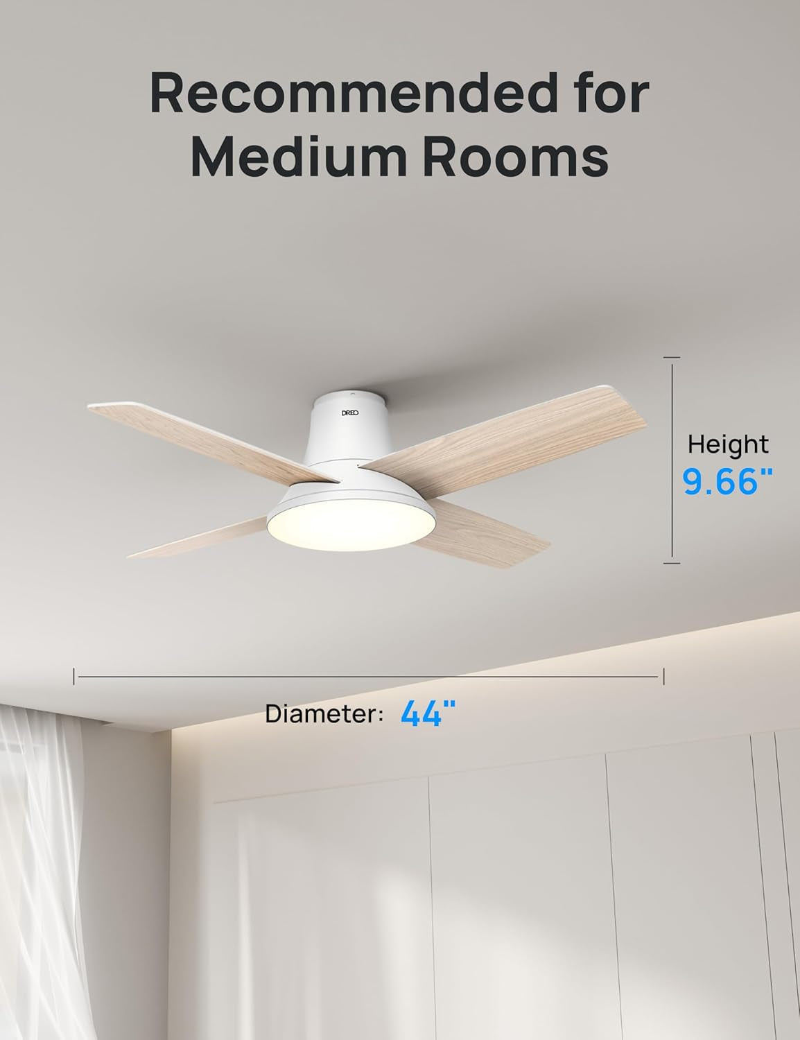 44 Inch White Smart Ceiling Fan With Dimmable LED Light And Remote