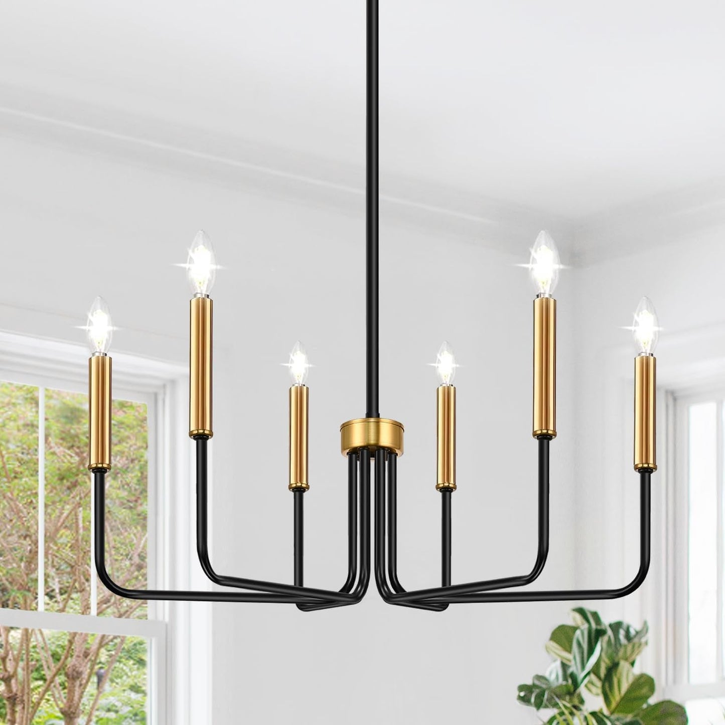 Black And Gold Six Light Farmhouse Chandelier For Dining Room illuminating a bright space with rustic charm.