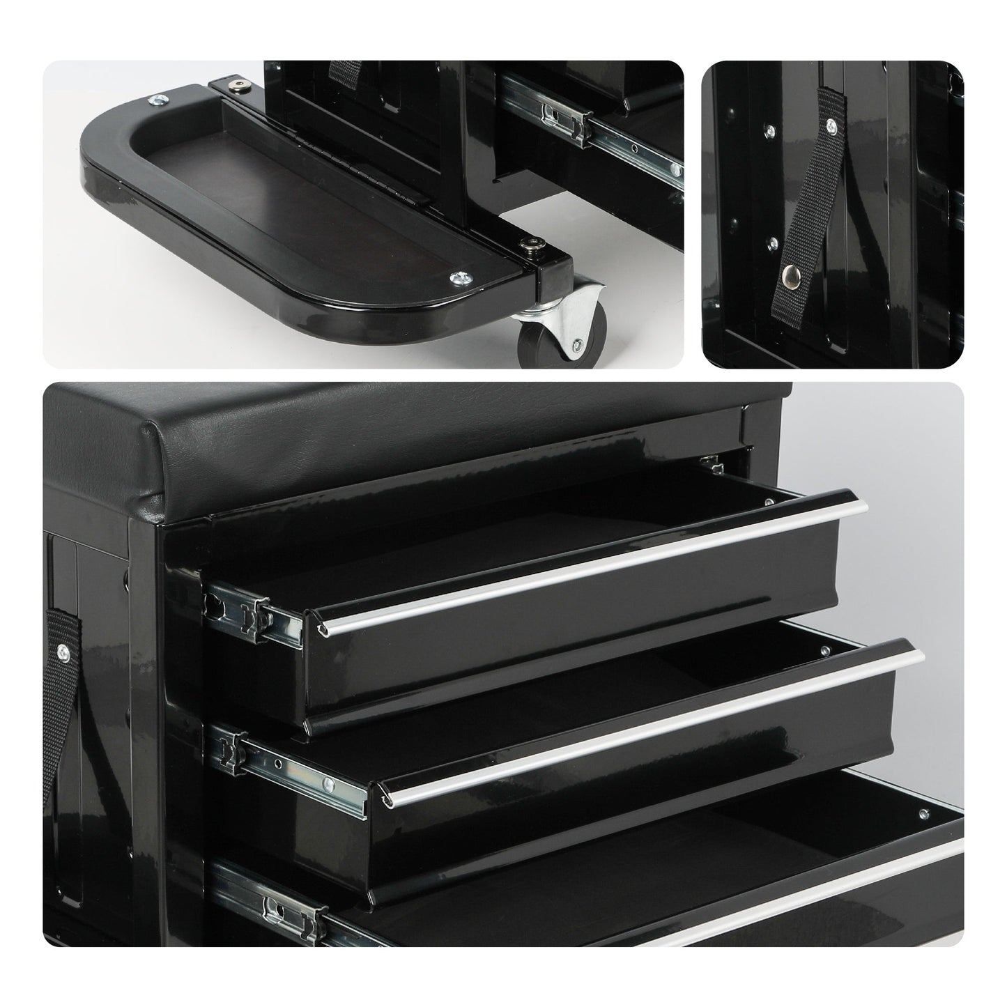 3-Drawer Tool Chest Rolling Mechanic Seat with Tool Trays,350lbs Max Weight Capacity,Black
