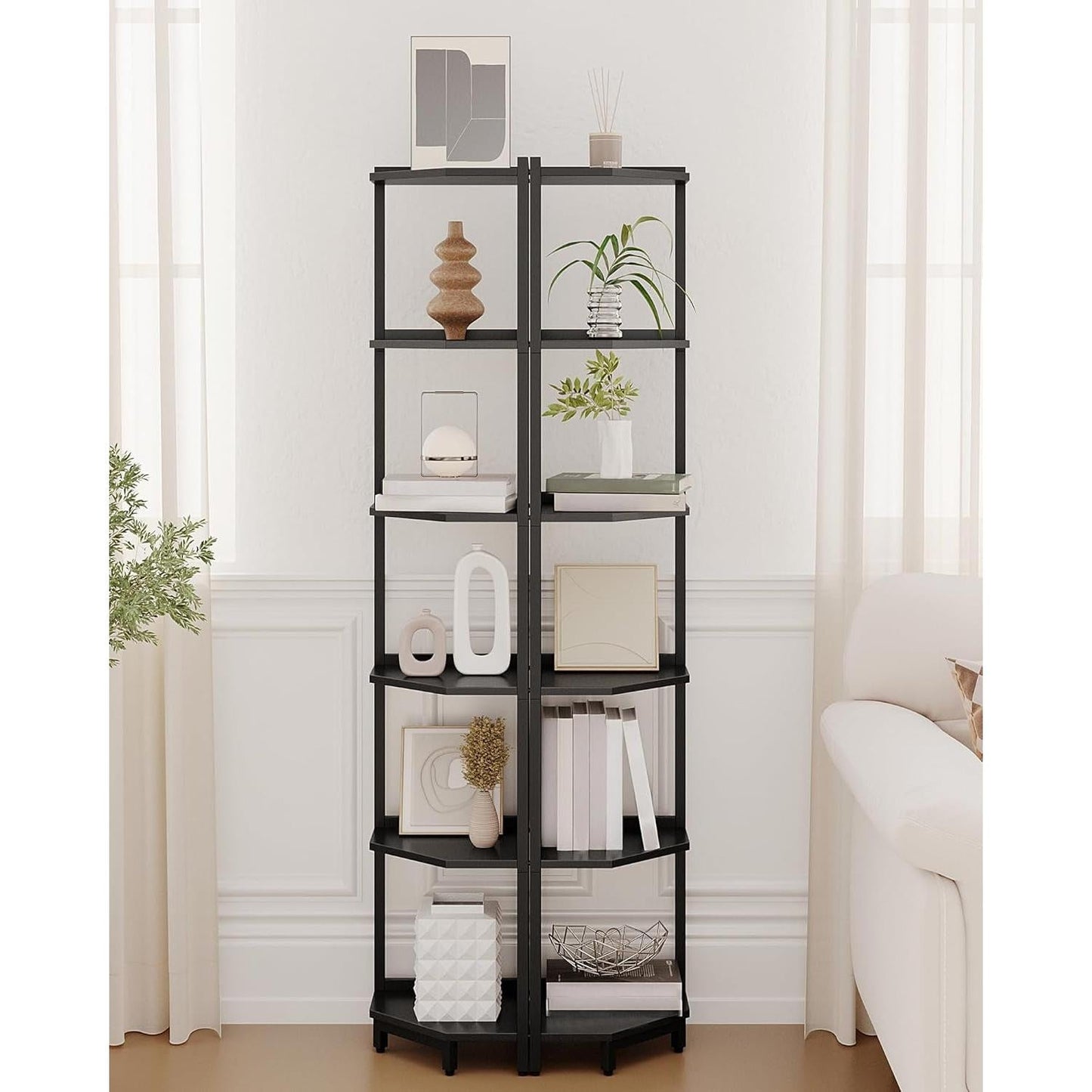 6 Tier Black Corner Shelf Stand Bookshelf For Living Room