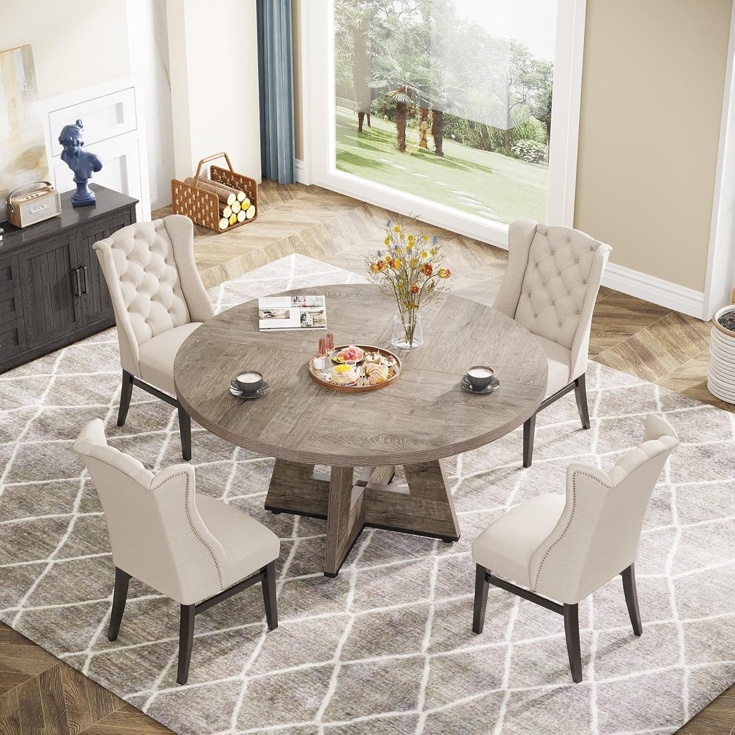 47 Inch Round Farmhouse Dining Table Grey For Four