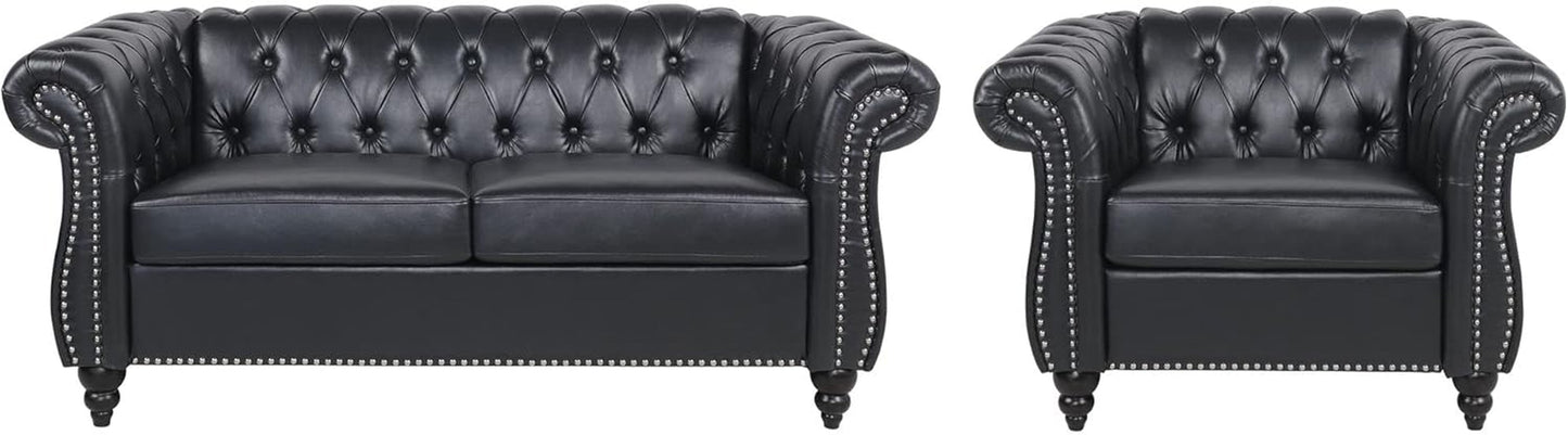 2 Piece Living Room Sofa Set Black Faux Leather Club Chair And Chesterfield Loveseat