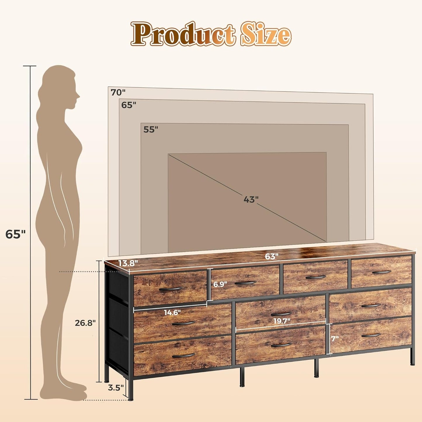 63 Inch Dresser With Durable Fabric Drawers In Rustic Brown