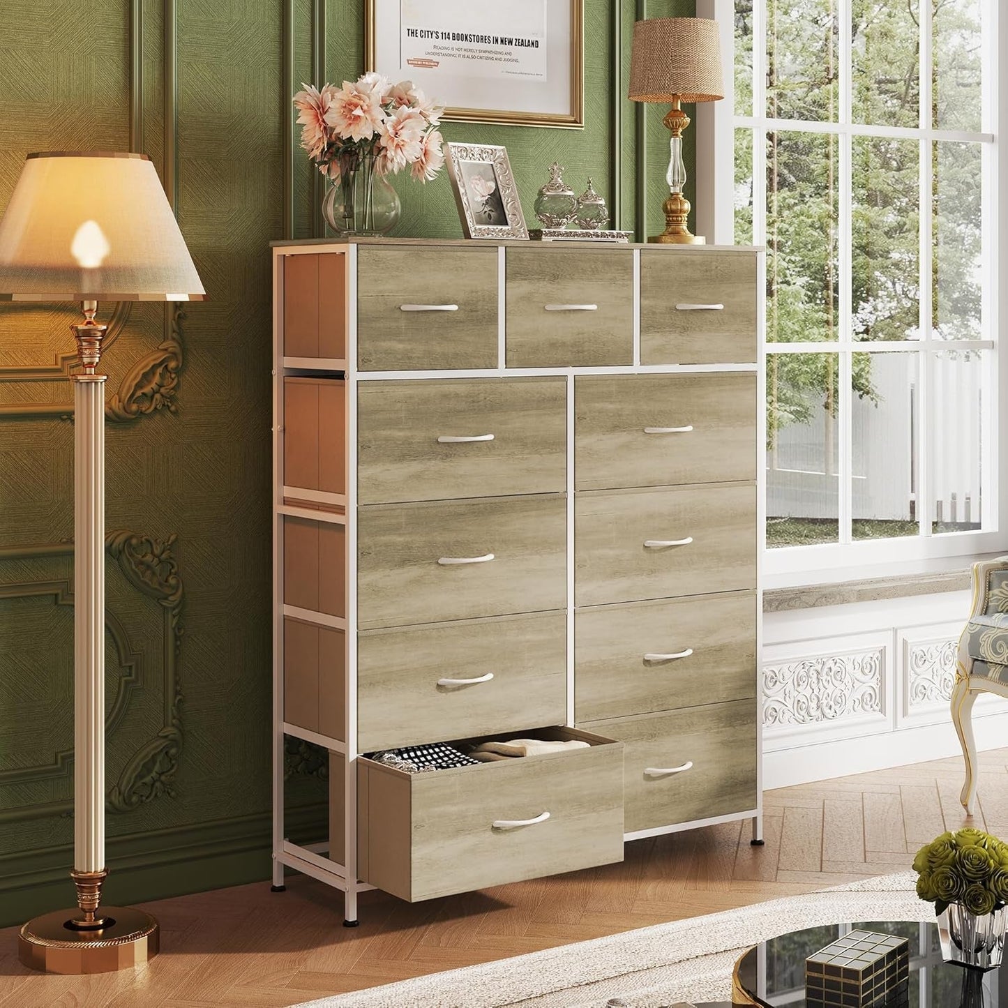 Tall Fabric Dresser Storage Tower 11 Drawer Greige Bedroom
