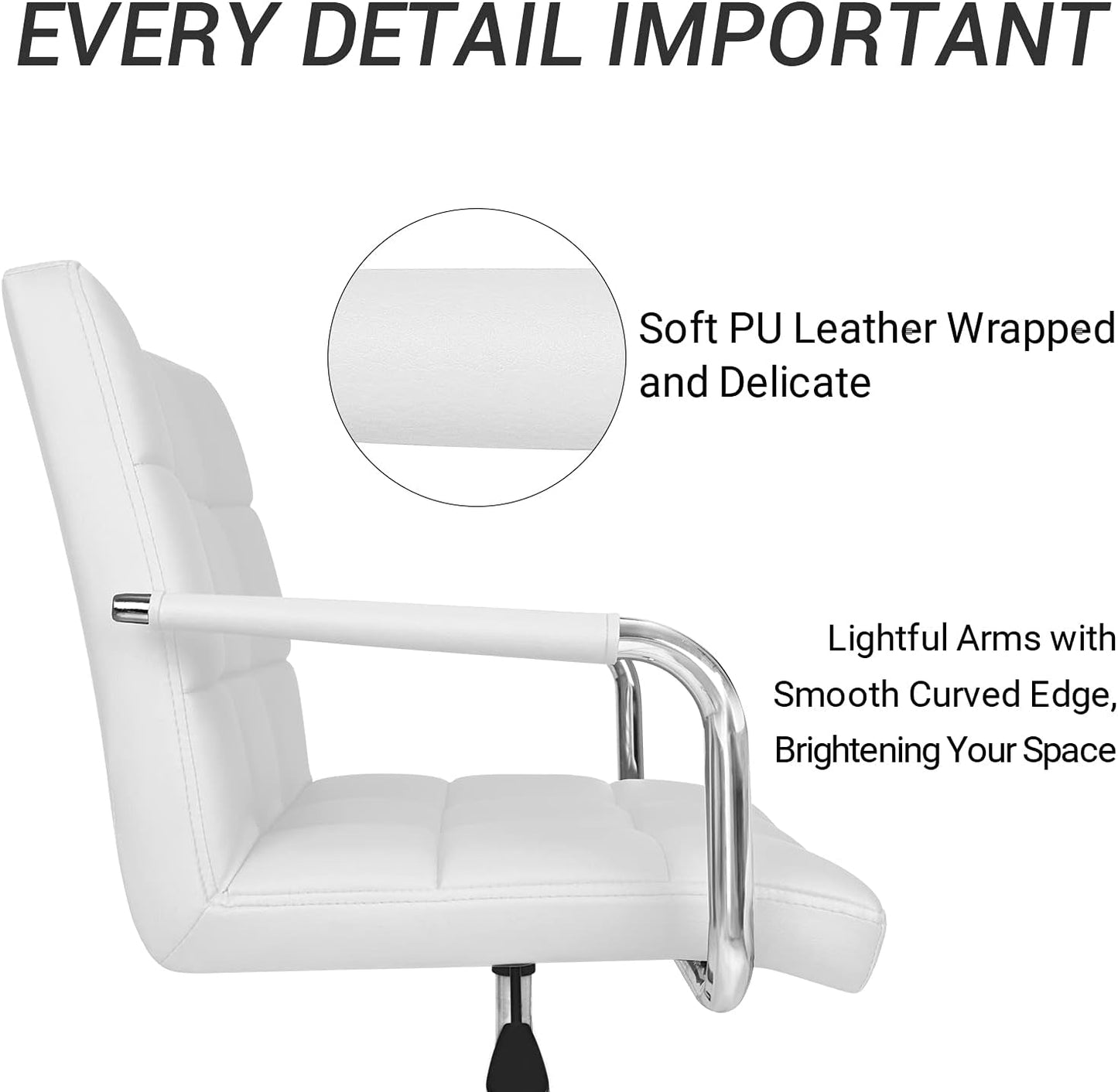 White Mid Back Office Task Chair With Adjustable Height And 360 Degree Swivel