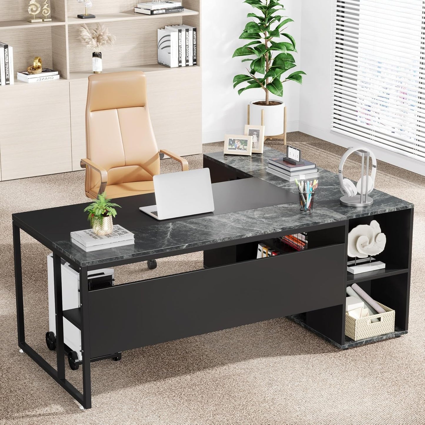 71 Inch Black L Shaped Executive Desk With Storage