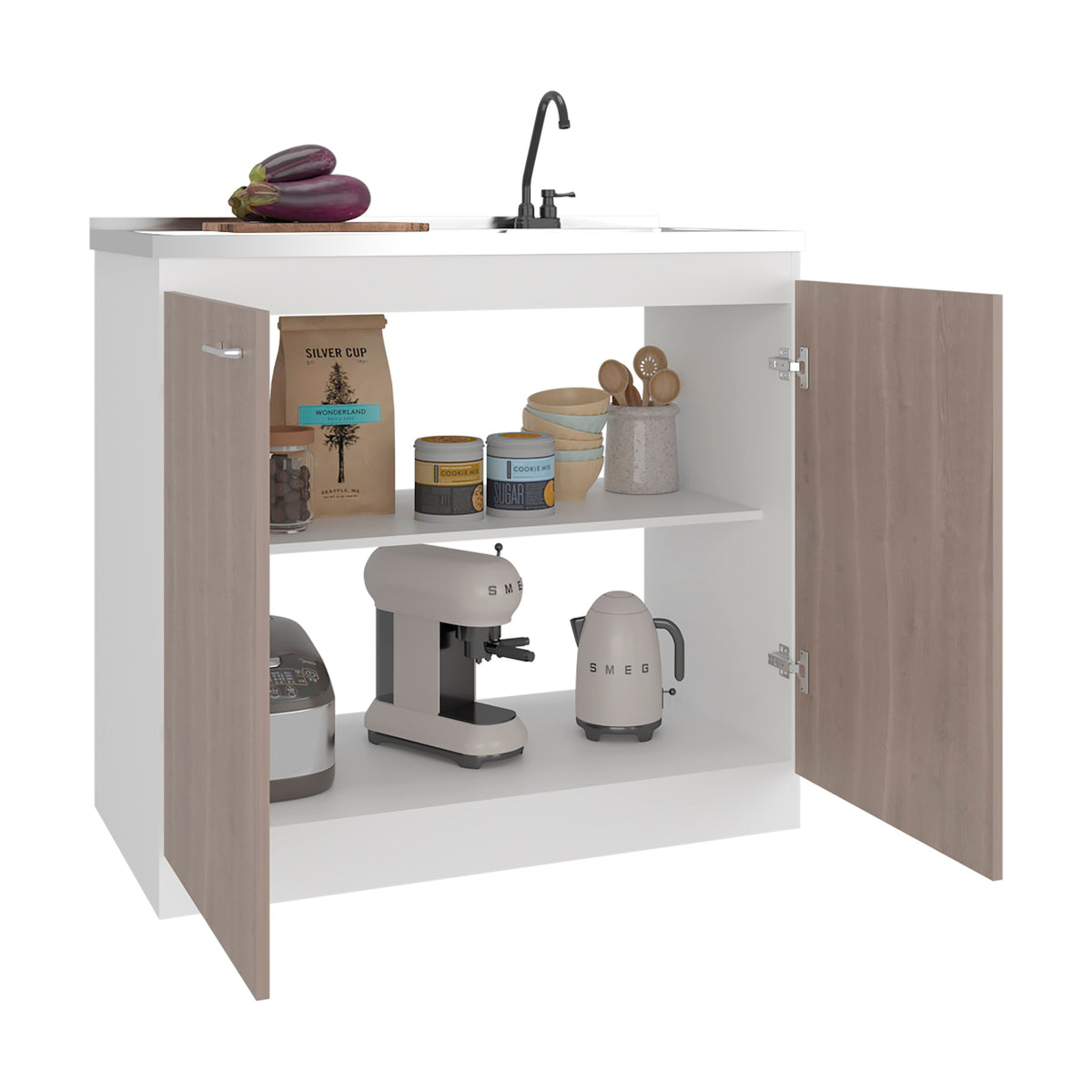 Salento Freestanding Sink, Double Door Cabinet, Two Shelves