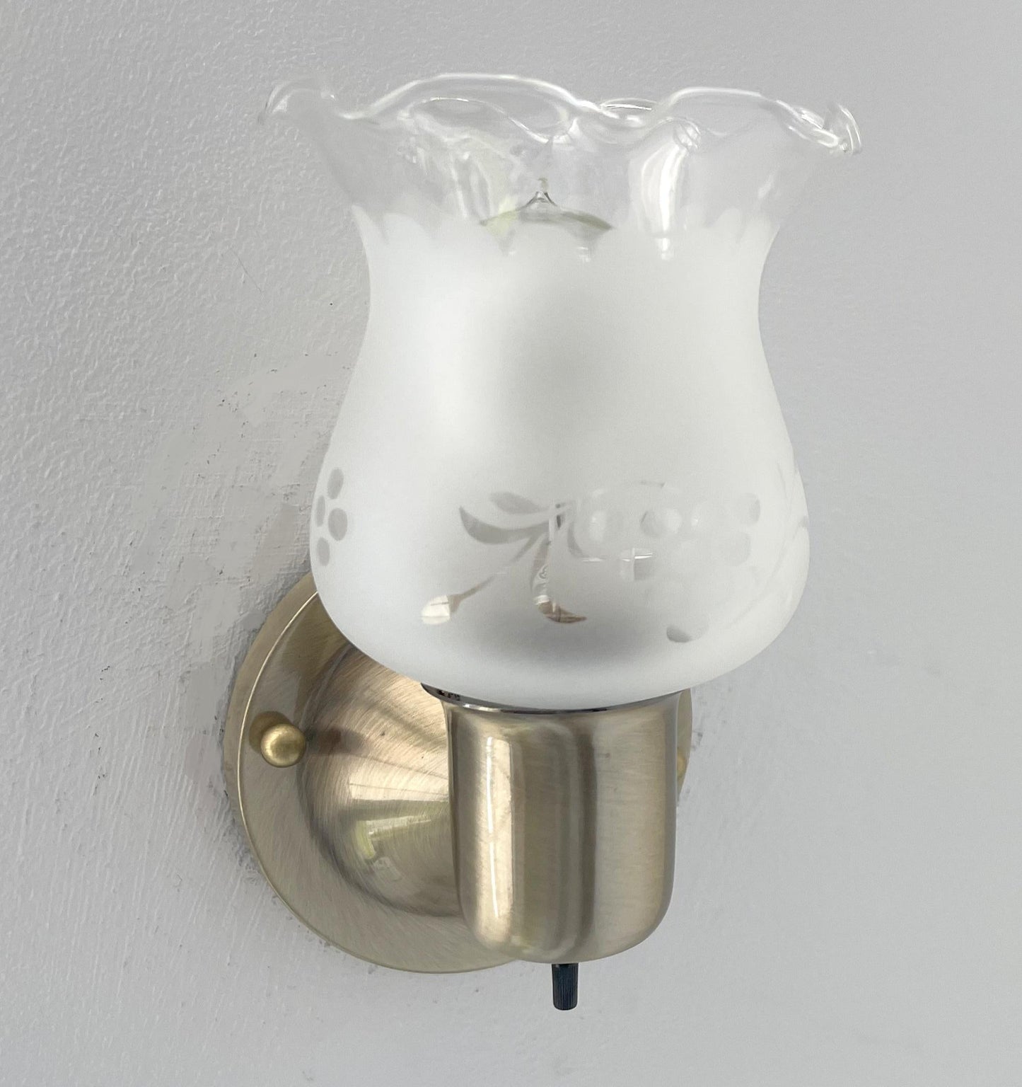 Etched Antique 1960's Glass Wall Sconce Light Fixture with On/Off Switch Antique Brass