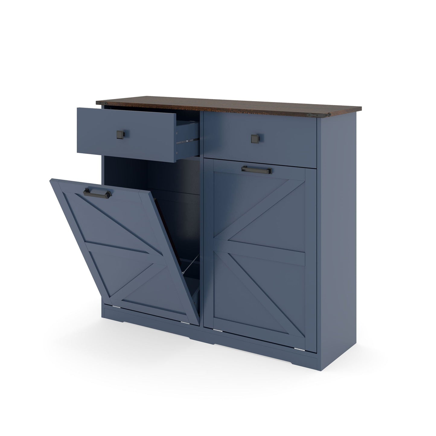Double Tilt-Out Trash Cabinet With Hideaway Drawer and Barn Door Style
