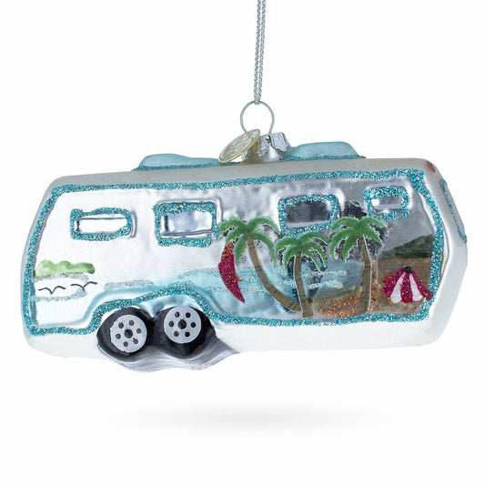 Silver Camper Trailer Glass Christmas Ornament