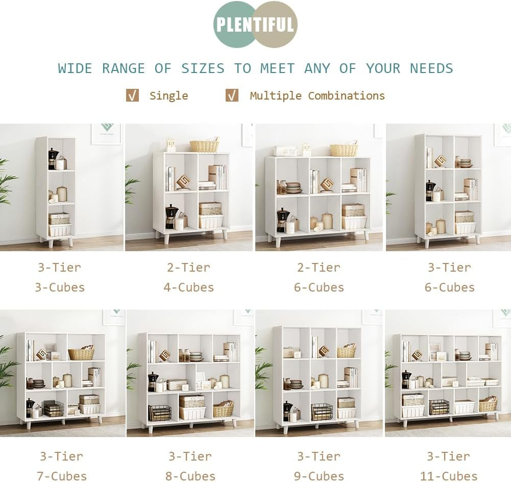 Open Cube Low Bookcase 3 Tier Freestanding White Bookshelf