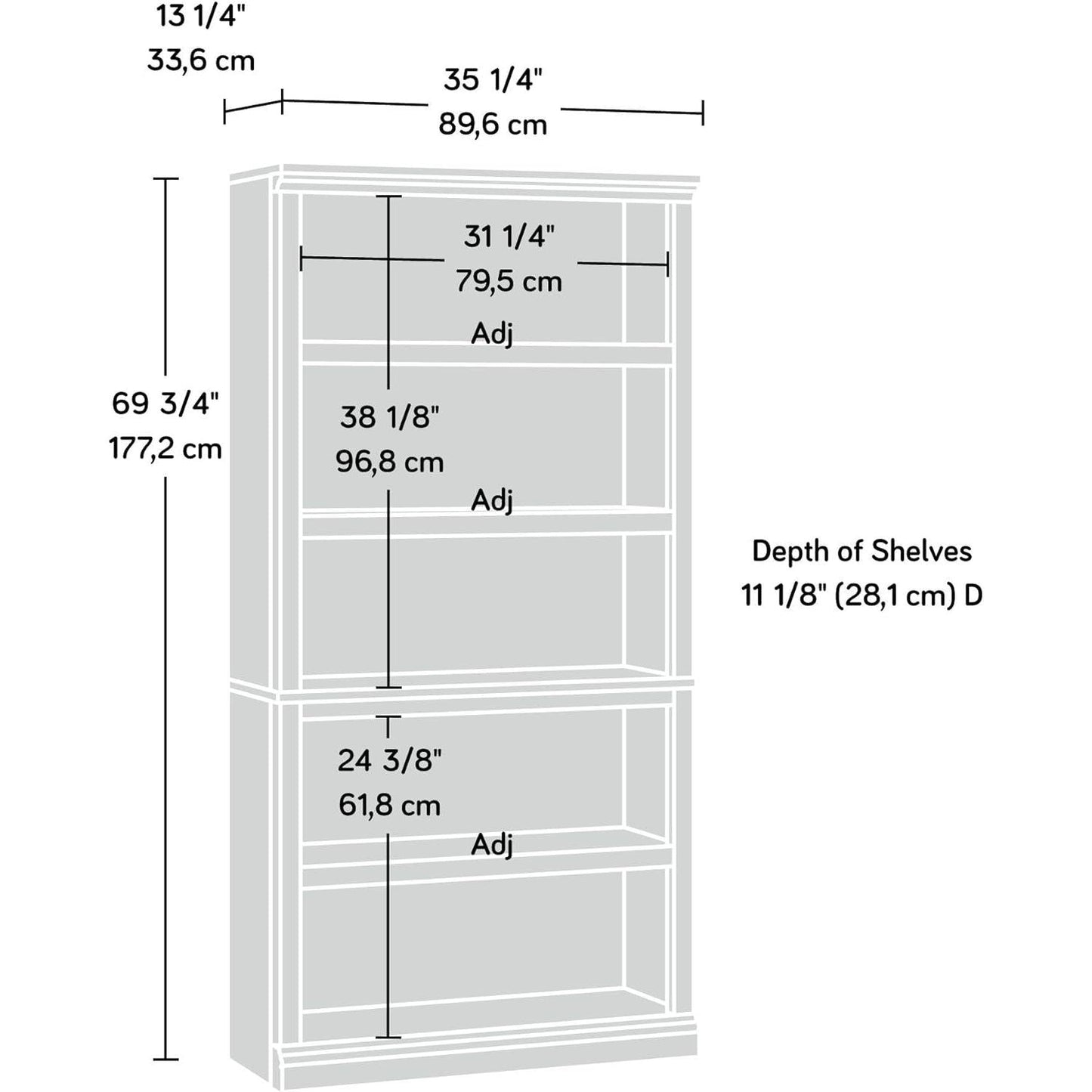 Five Shelf Bookcase In Select Cherry Finish With Adjustable Shelves