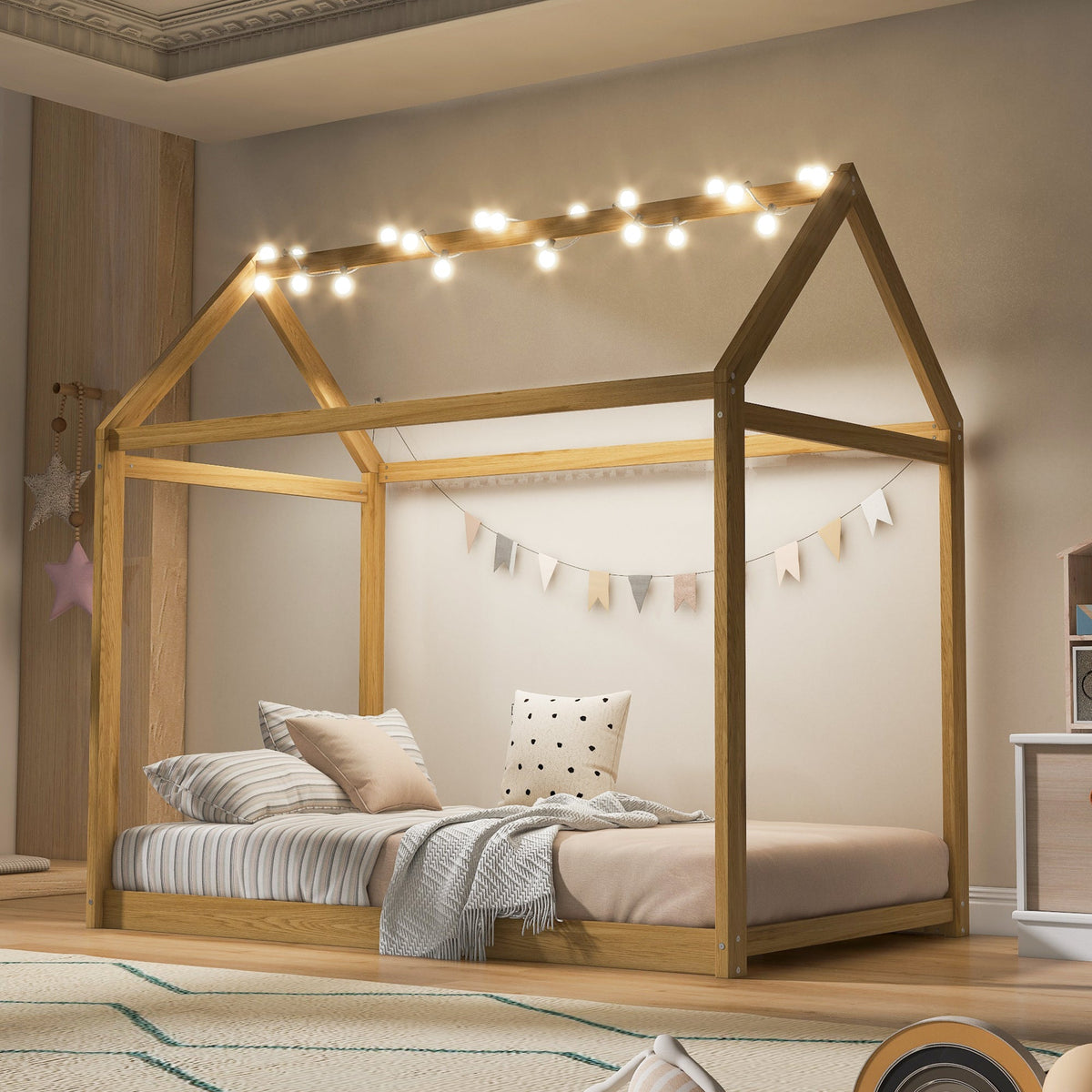 Twin Size Wooden House Bed, Wood Color