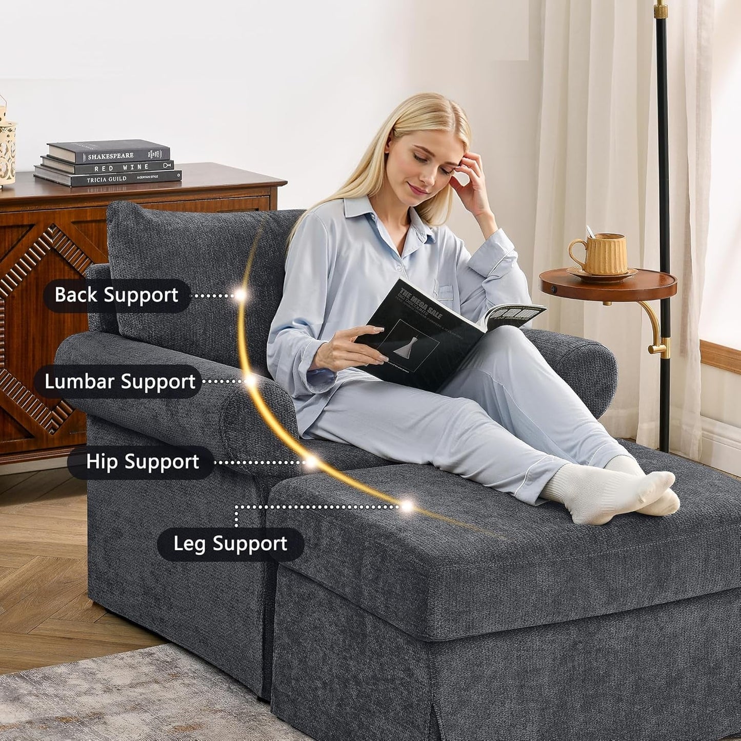Gray 35 Inch Accent Chair With Ottoman And Chaise Lounge