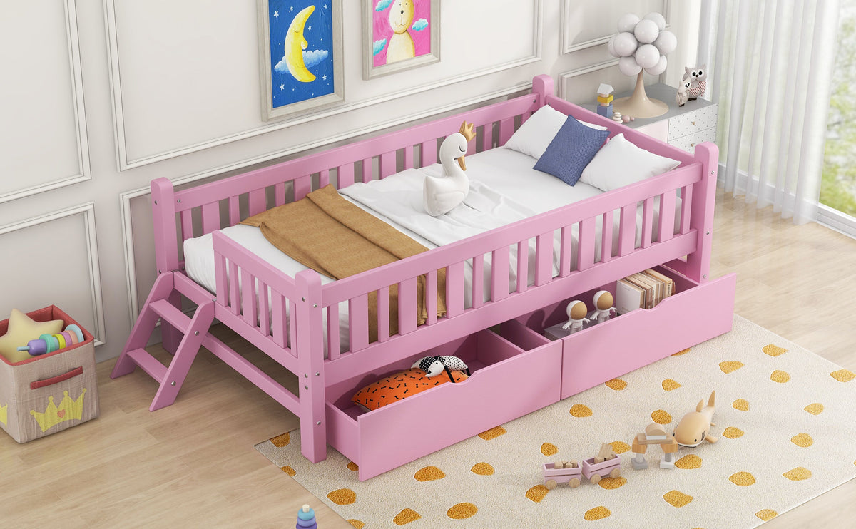 Wood Twin Size Platform Bed with Guardrail and 2 Drawers