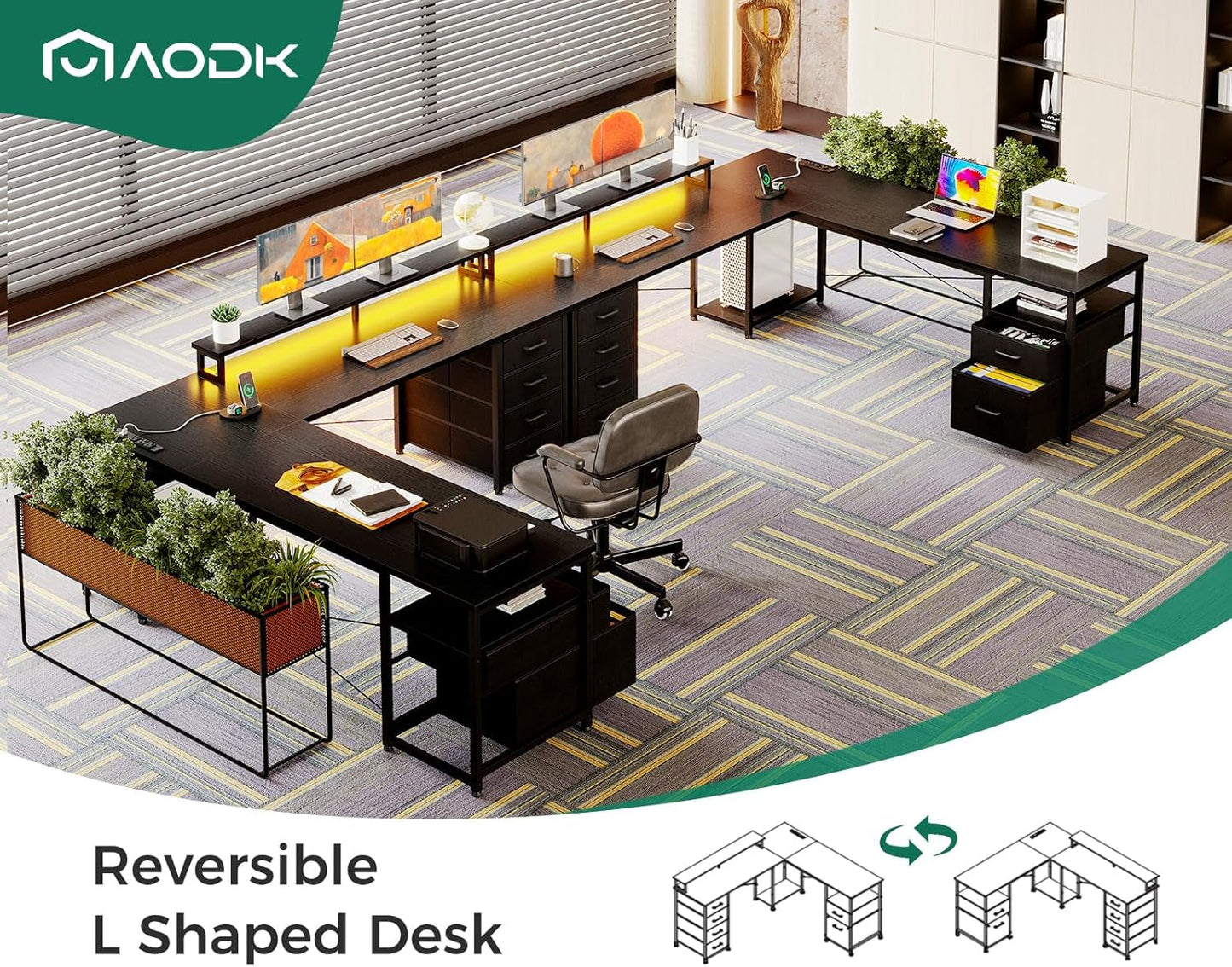 66 Inch L Shaped Computer Desk With LED Lights And Power Outlet