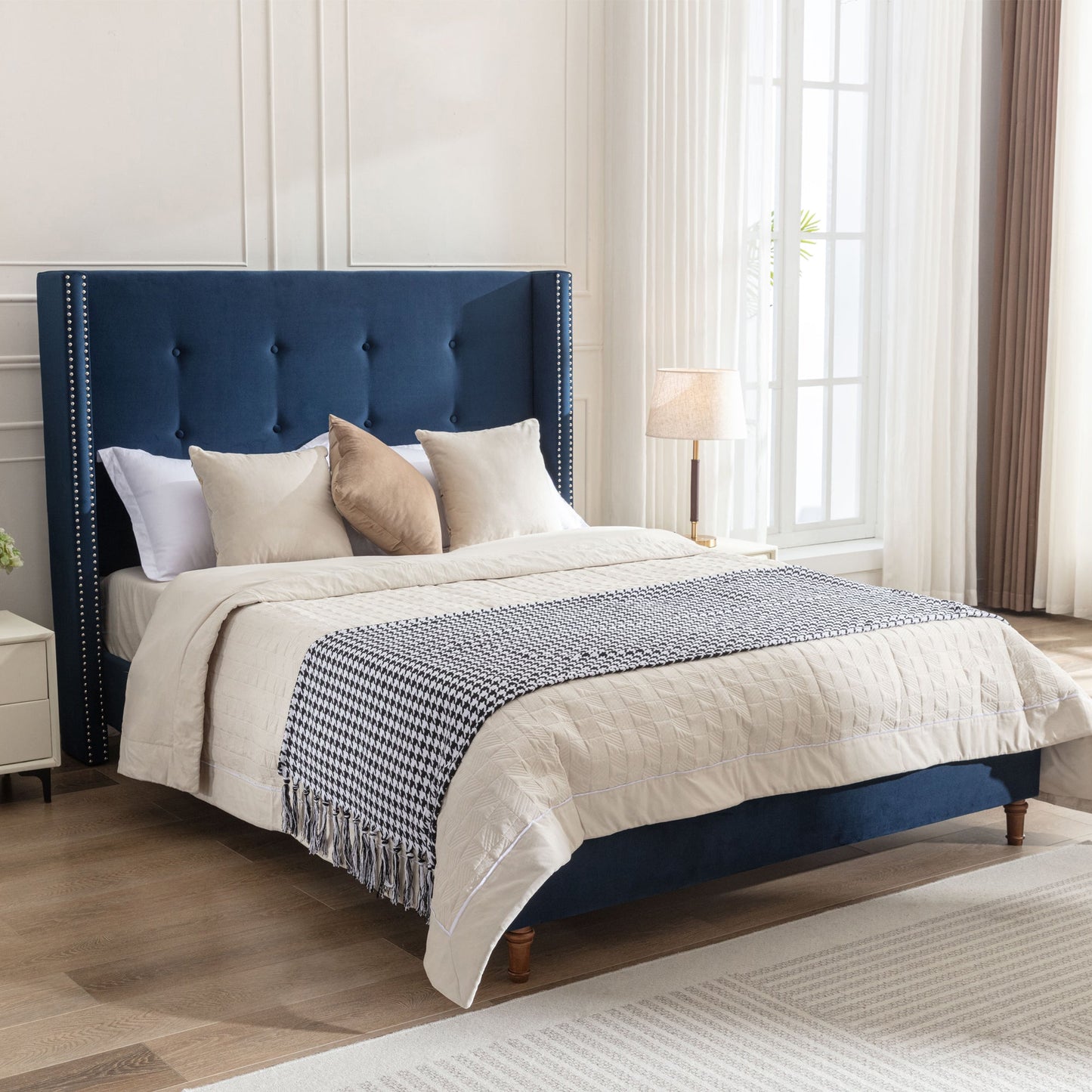 Peyton Upholstered Queen Bed with 54' High Headboard and Traditional Buttoned Tufting in Blue Velvet
