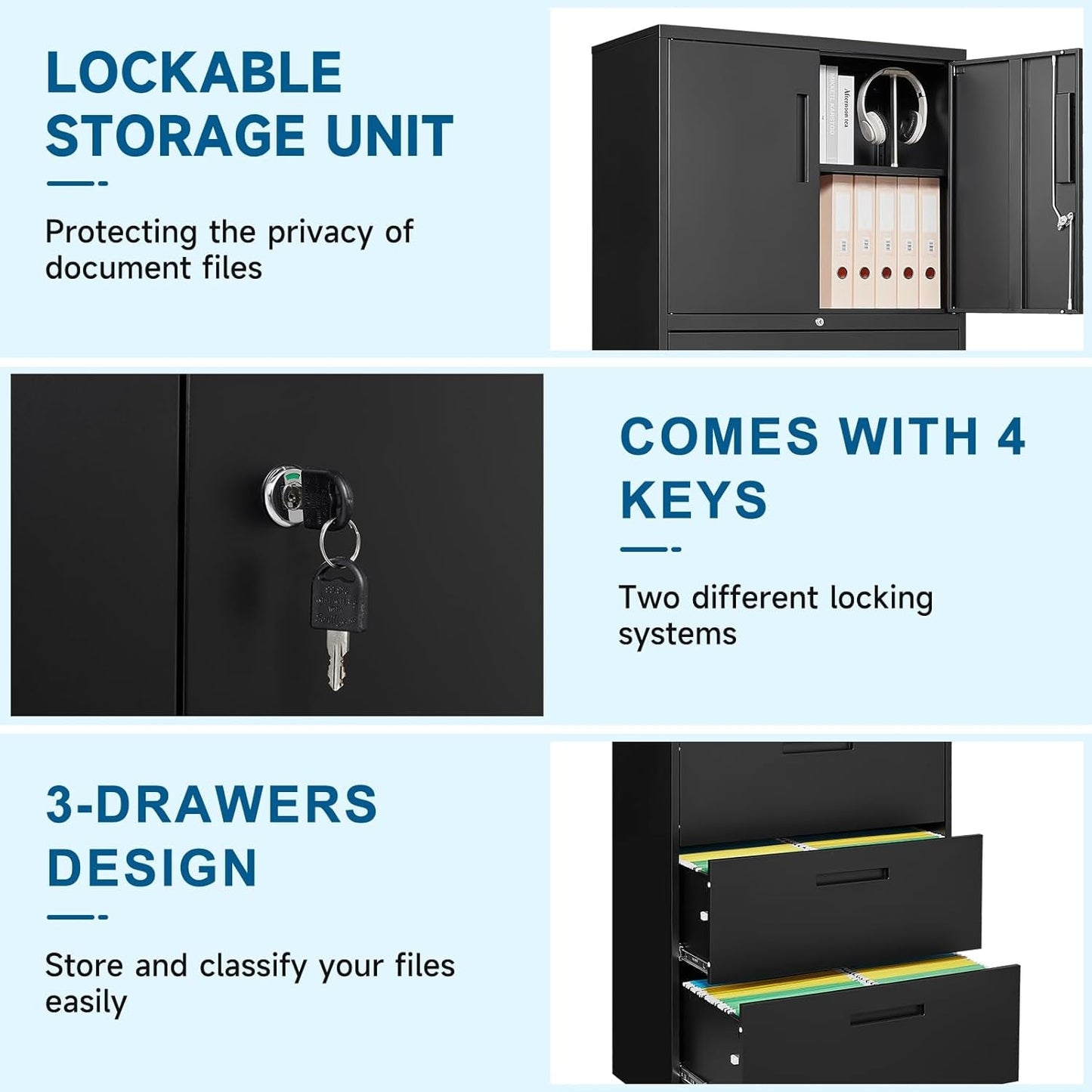 Three Drawer Metal File Cabinet Locking With Storage Shelves Black For Legal Letter A4 Documents