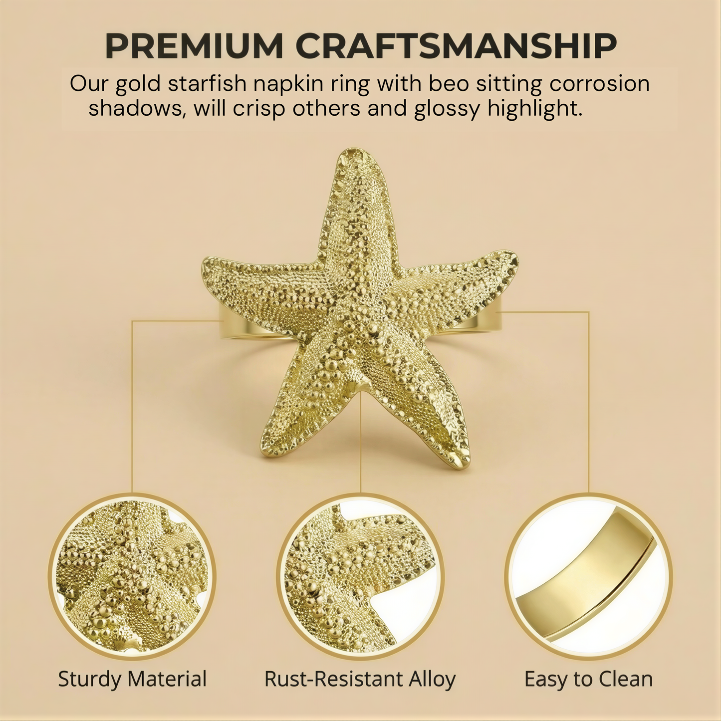 Gold Starfish Napkin Rings – Coastal Style Table Decor | Rust Resistant Dining Accessories