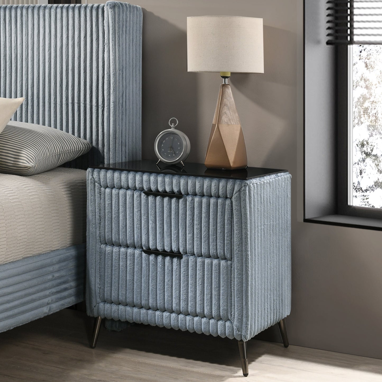 Mavela Wide Wale Corduroy Upholstery Panel King Bed with 2 Nightstands, Blue