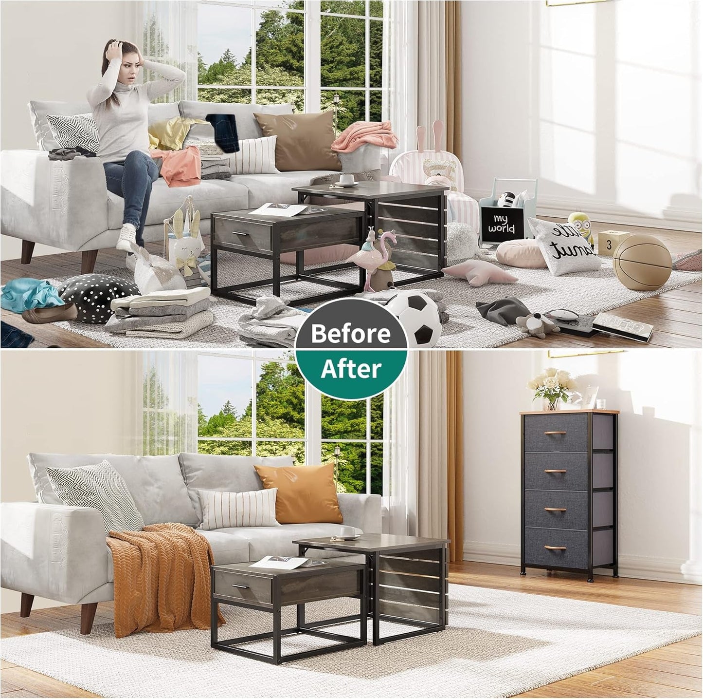 4 Drawer Dresser With Wooden Top And Fabric Storage
