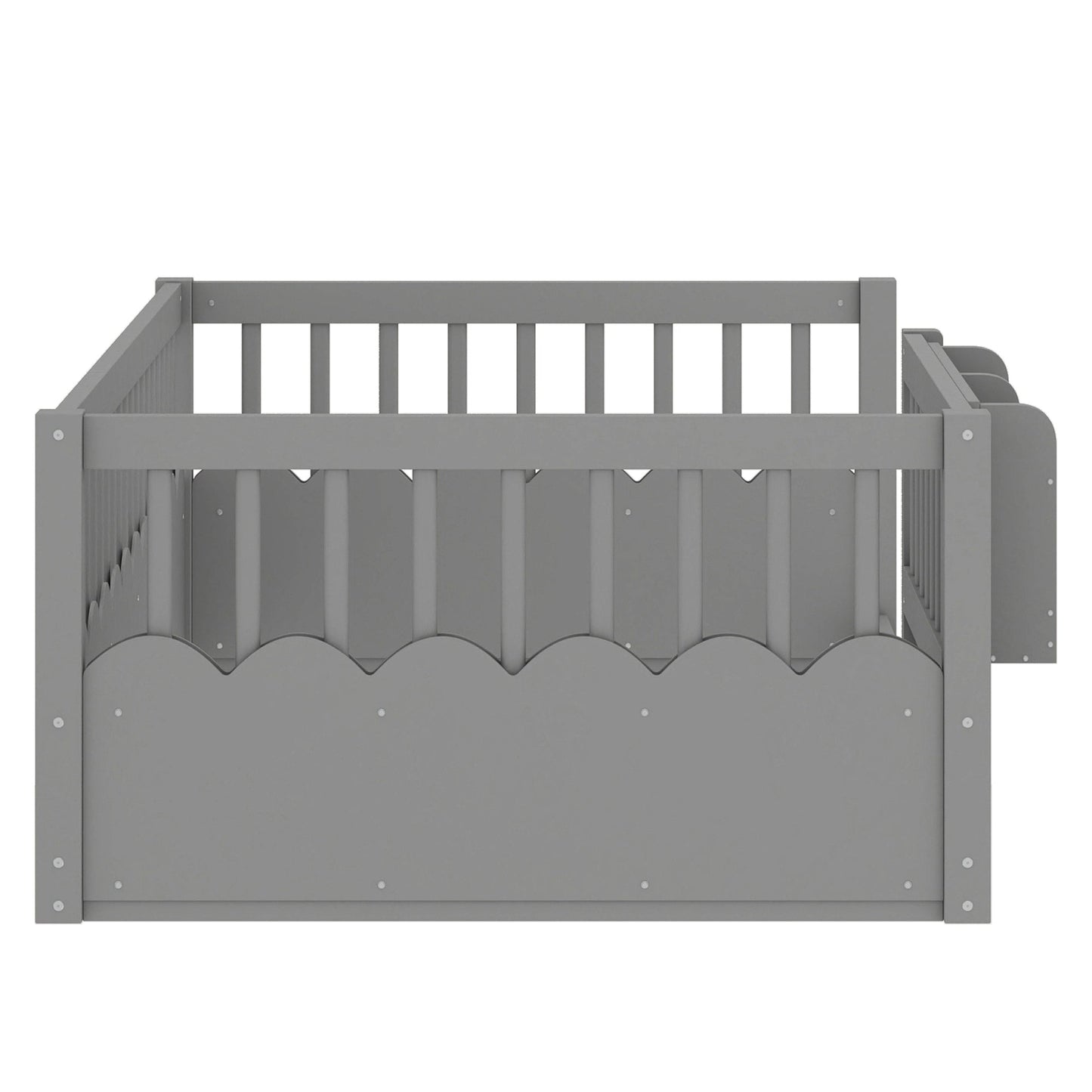 Twin Floor bed with Heightened Fence and bookshelf ,Wood Floor Bed for Kids, Gray.