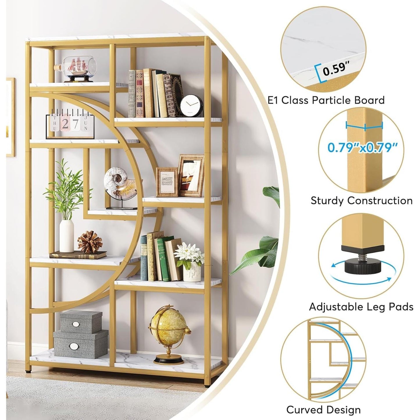 Industrial 5 Tier Etagere Bookcase Gold Frame Shelves