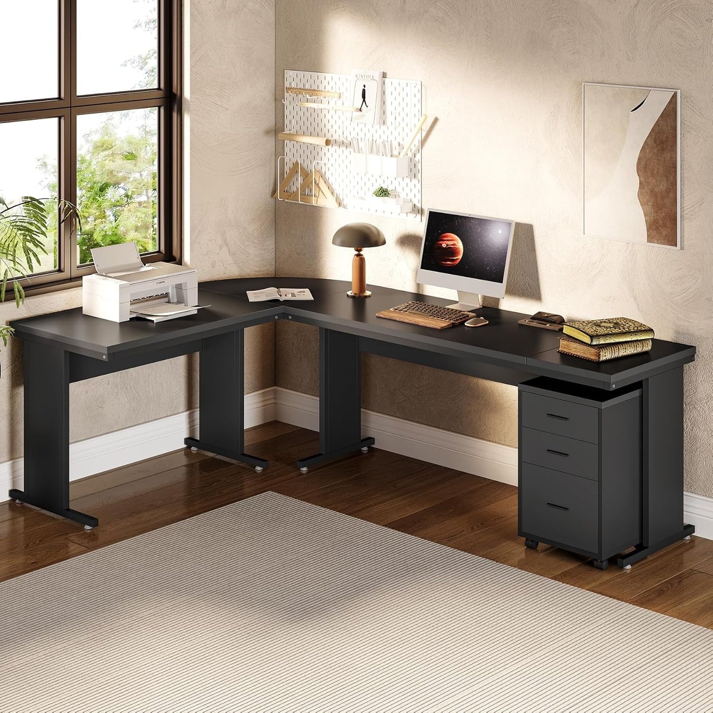 83 Inch L Shaped Desk With 3 Drawer File Cabinet Office