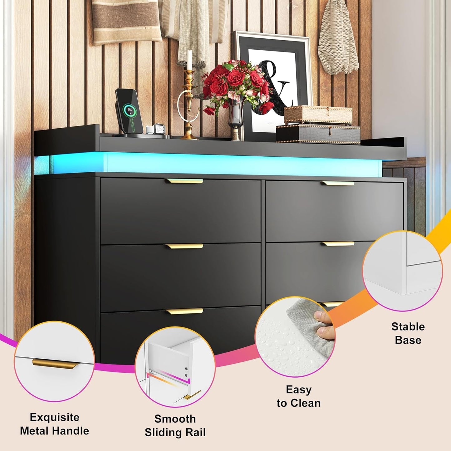 Six Drawer Dresser With LED Illumination Enhancement