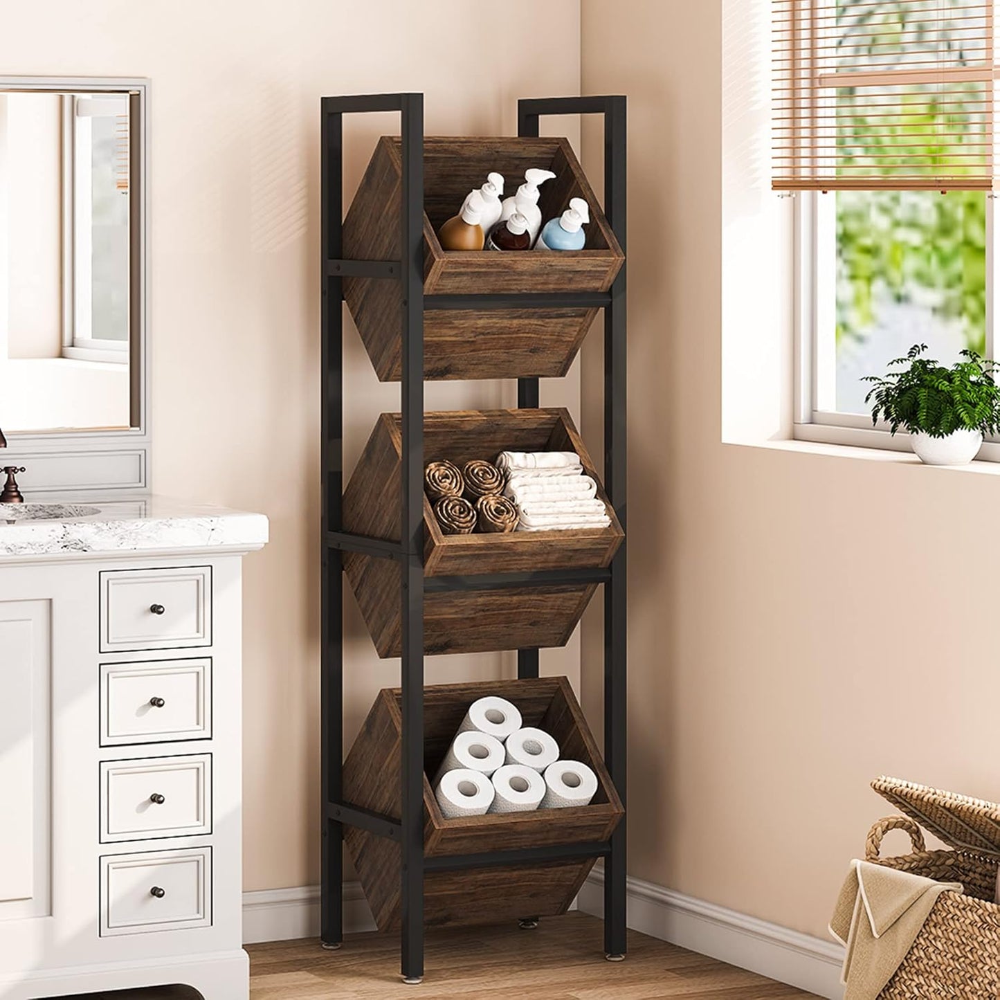 15" 3-Tier Industrial Basket Stand with Angled Baskets