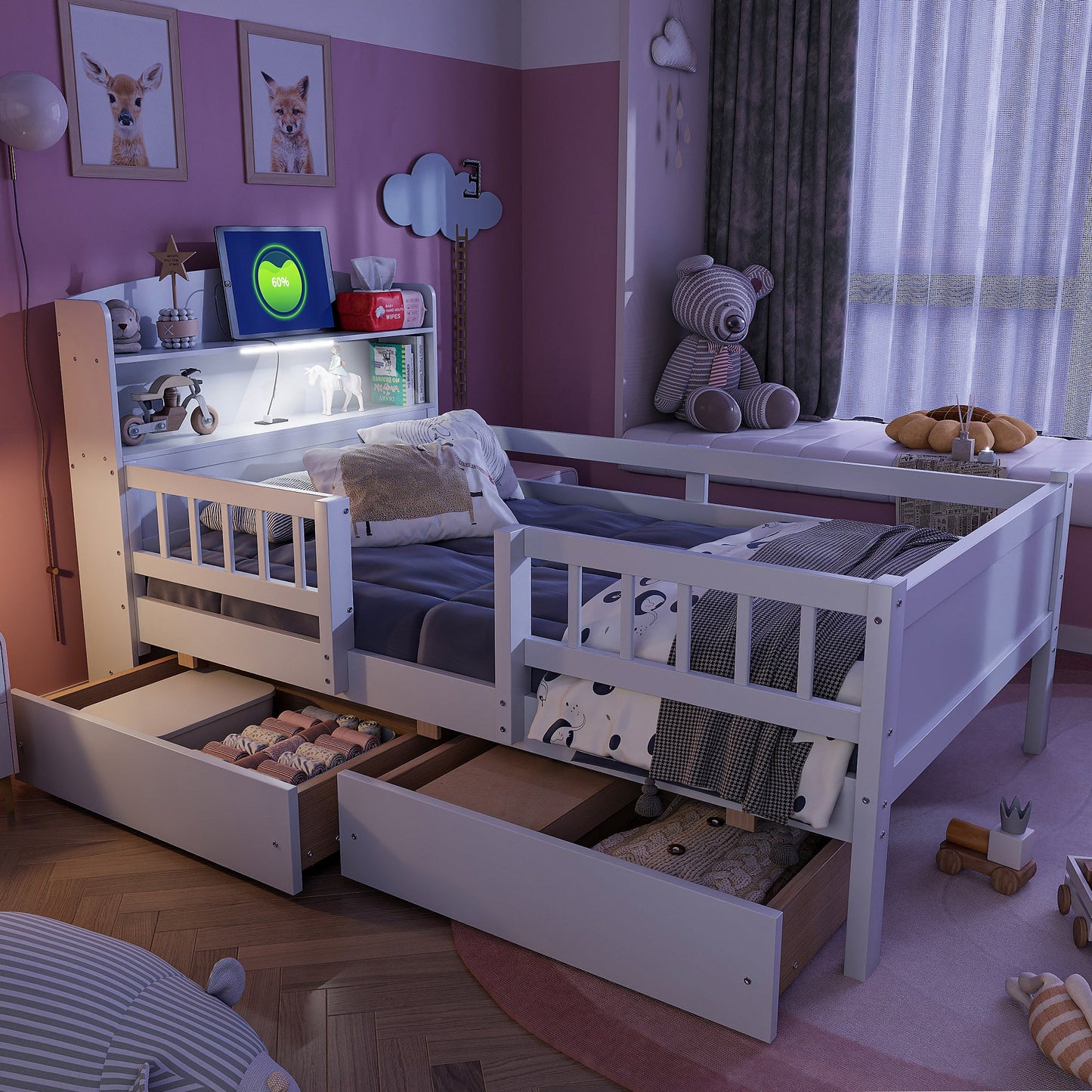 Wood Twin Size Platform Bed with Built-in LED Light
