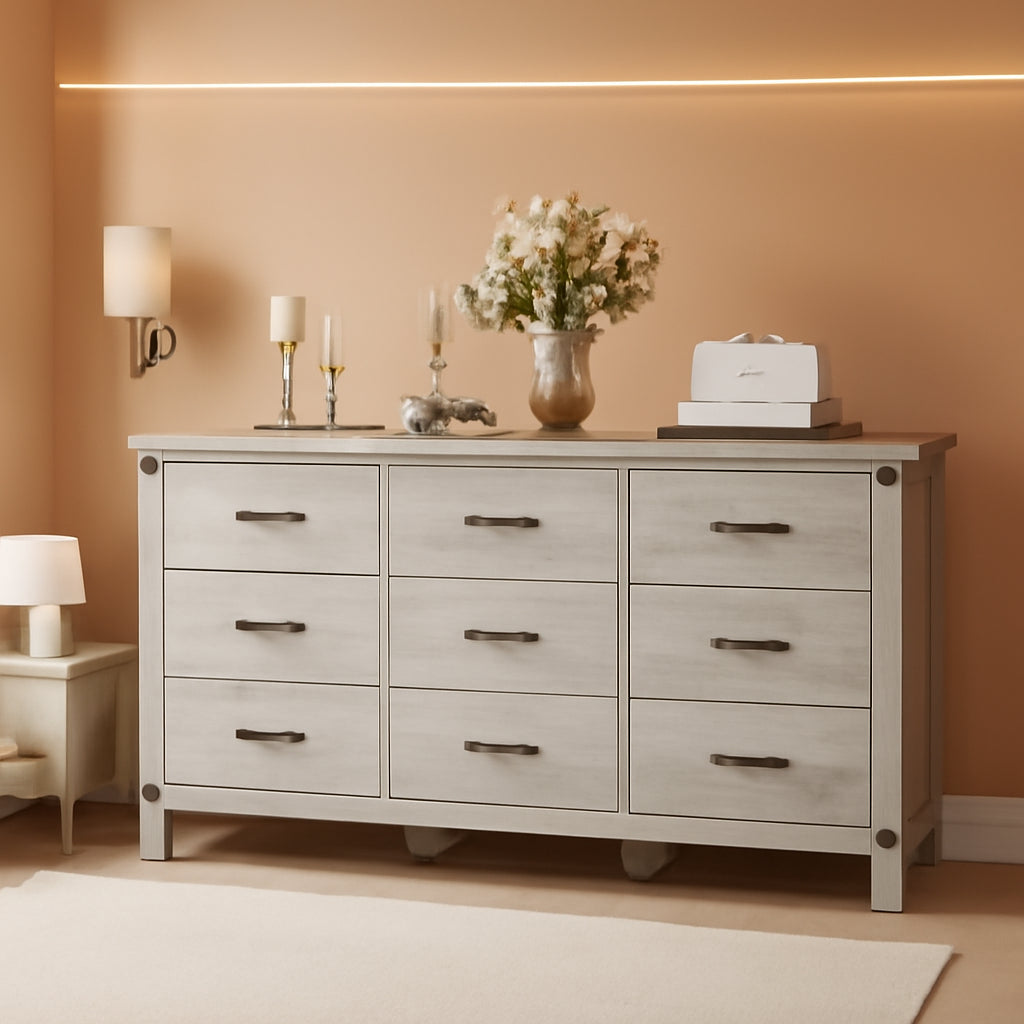 59 Inch Washed Grey Modern Farmhouse DresserWithNineDrawers