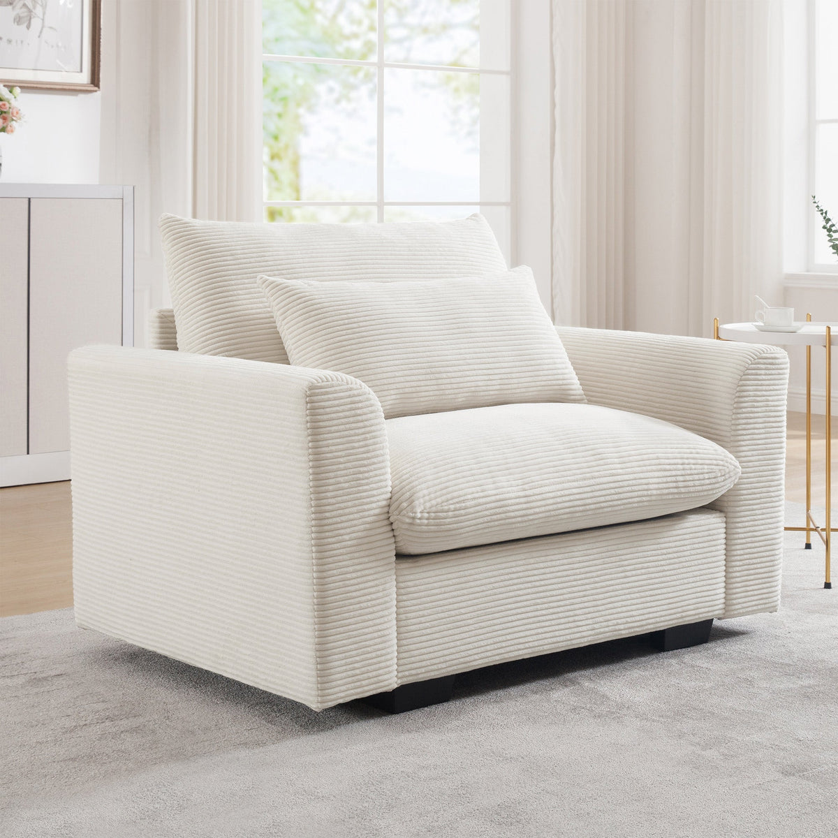 Beige Corduroy Deep Seat Accent Chair