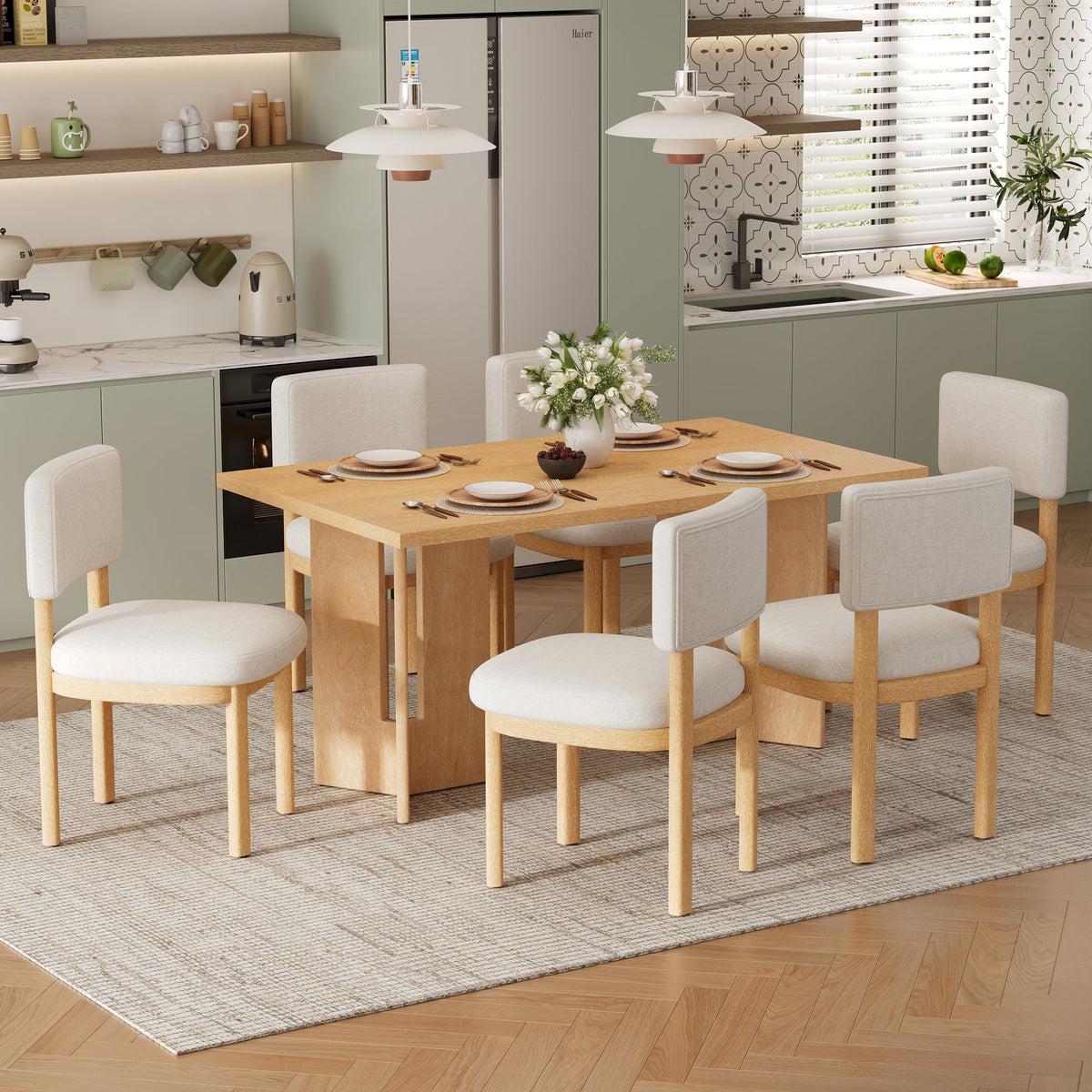 TREXM Farmhouse Wood Dining Table Set for 6 with Upholstered Chairs