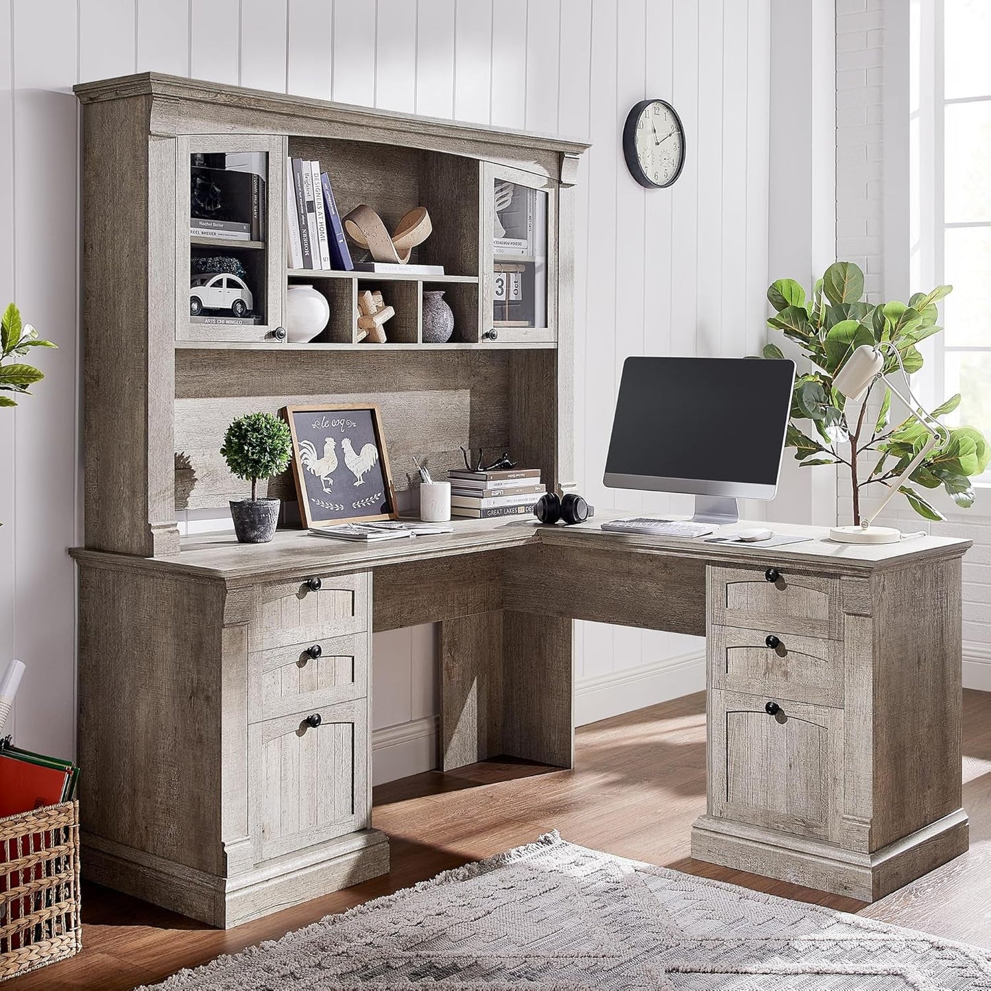 60-Inch L-Shaped Desk With Hutch Light Rustic Oak Finish
