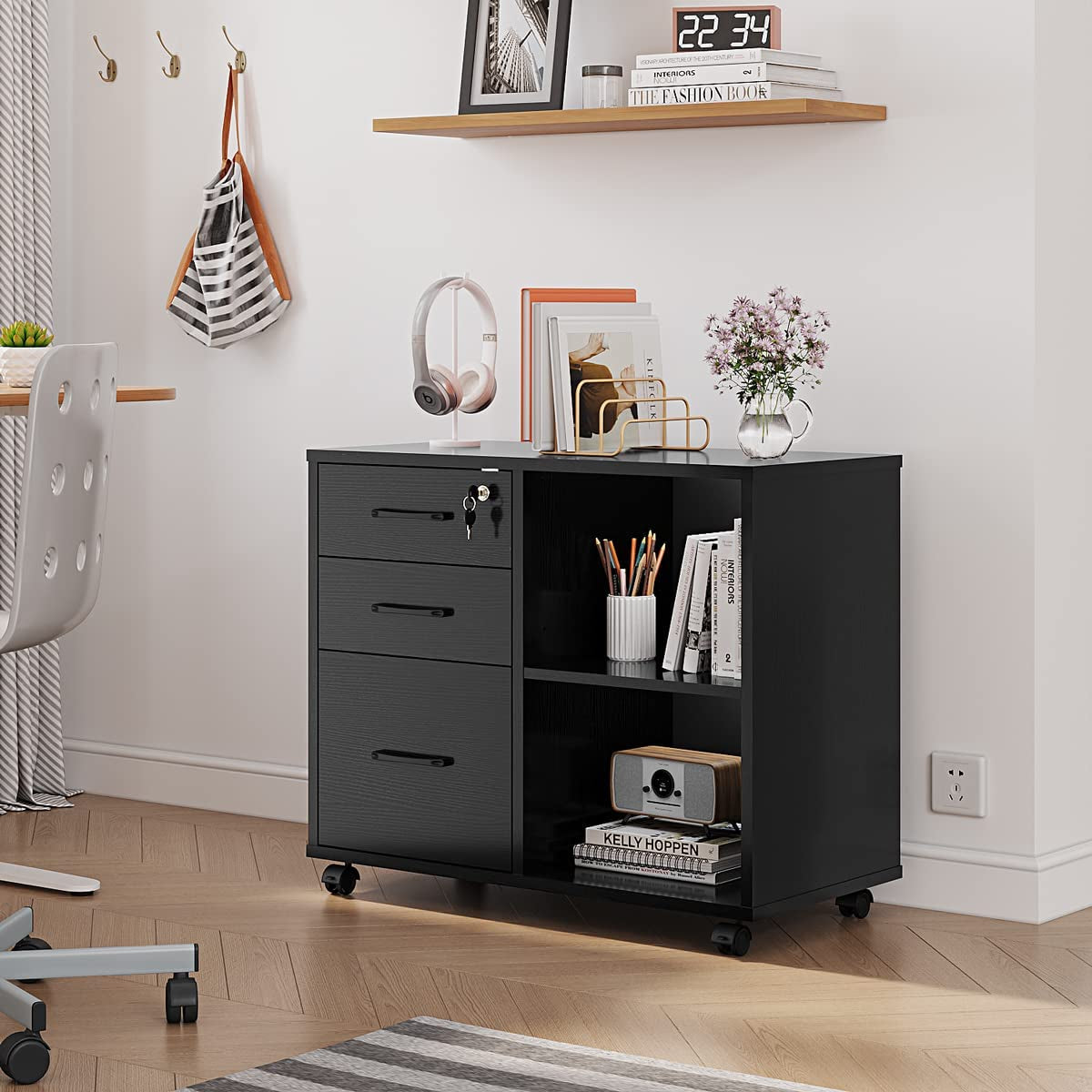 Mobile File Cabinet With Open Storage And File Drawers