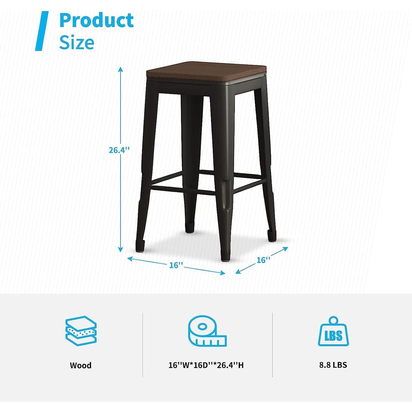 Square Metal Bar Stool Set Of 2 Stackable 330 Lb. Capacity dimensions and specifications image.