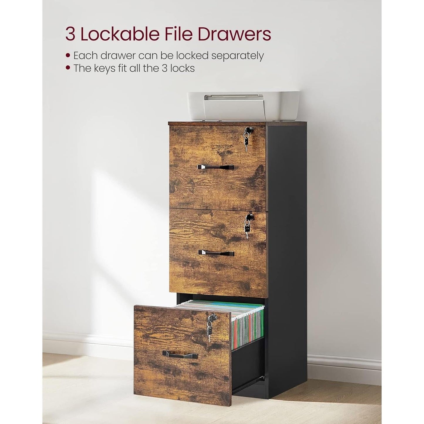 Brown Filing Cabinet With Lock And Printer Stand For Office