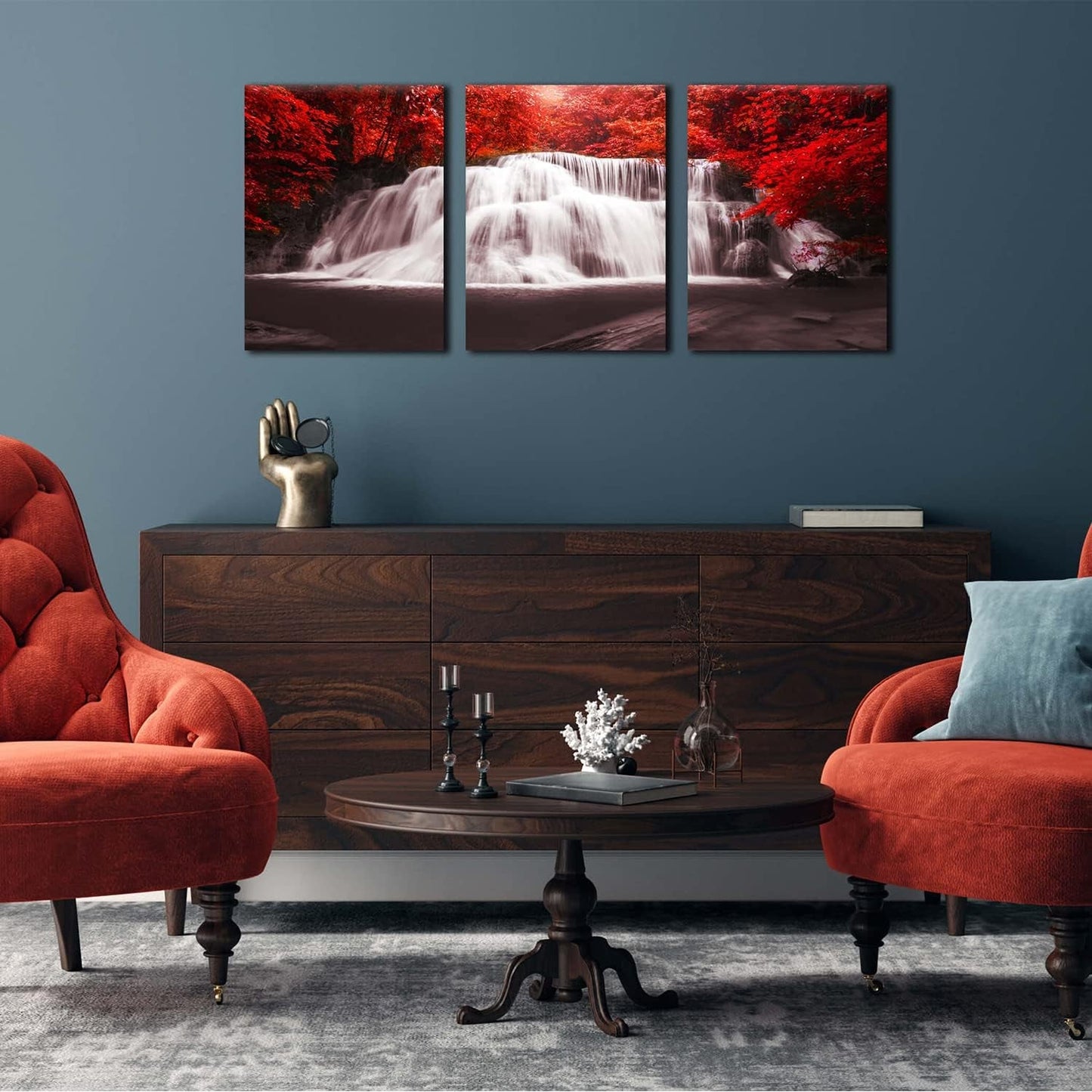 Stunning 3-Piece Canvas Wall Art - Black, White, and Red Waterfall Landscape with Red Trees, Perfect for Home or Office Décor (12x16 inches each)