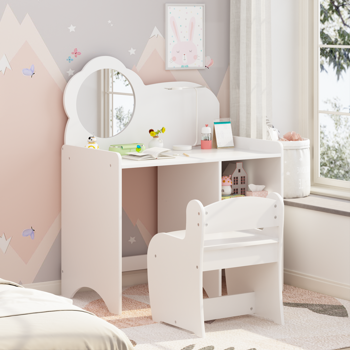 Kids Vanity Table with Mirror and Chair