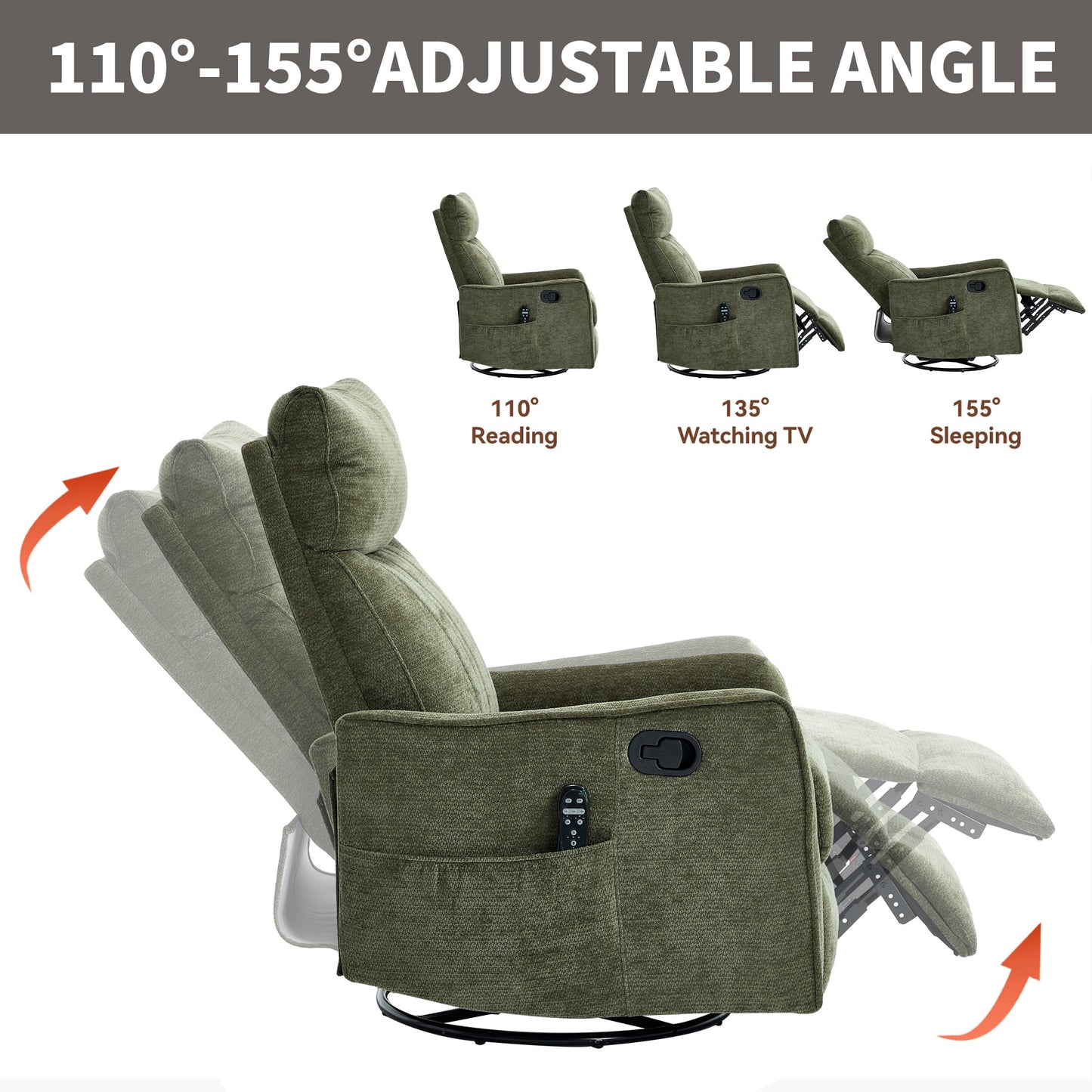 Green Heat Massage Manual Recliner Chair with Rocker and Swivel in Fabric for Living Room