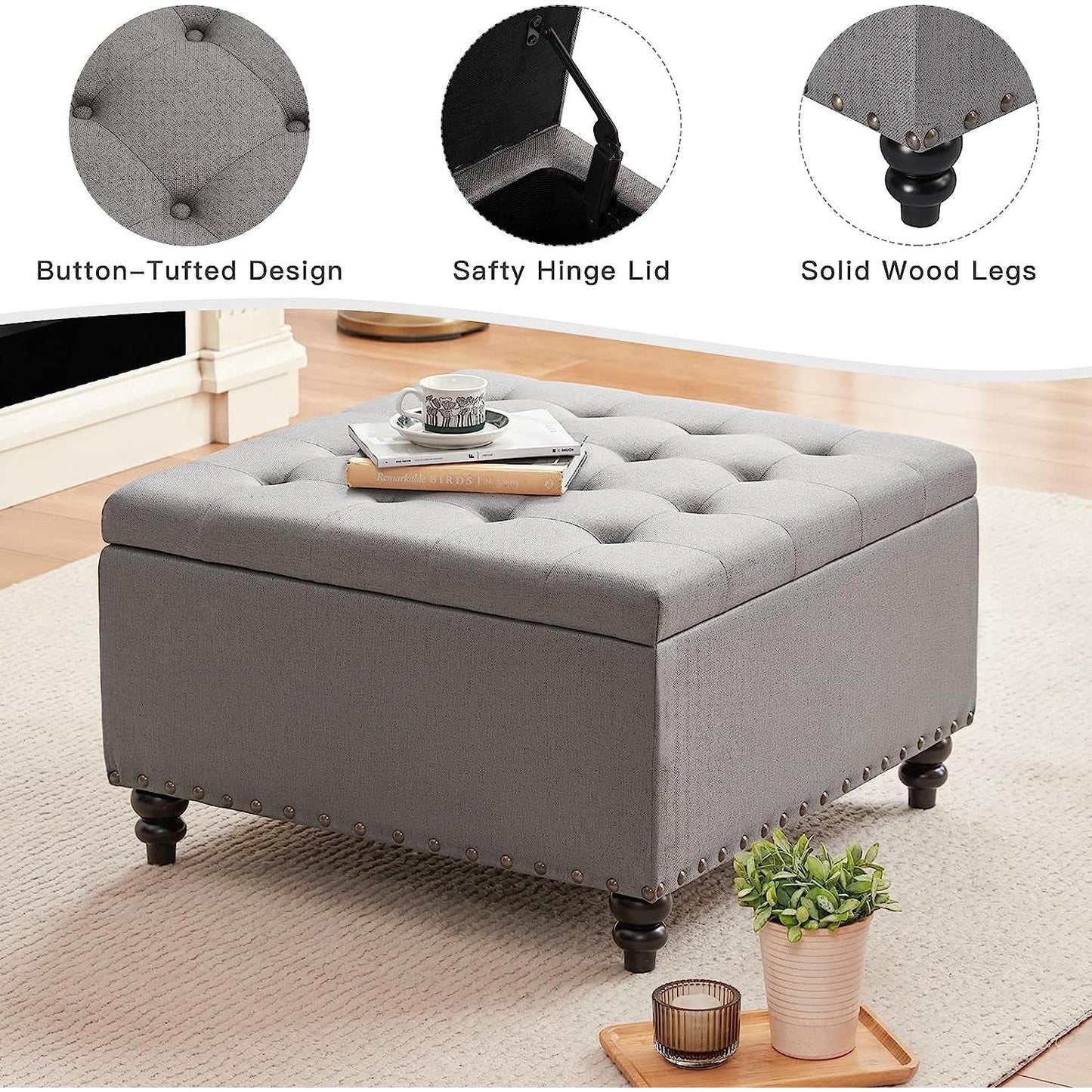 Grey Tufted Storage Ottoman Square For Living Room