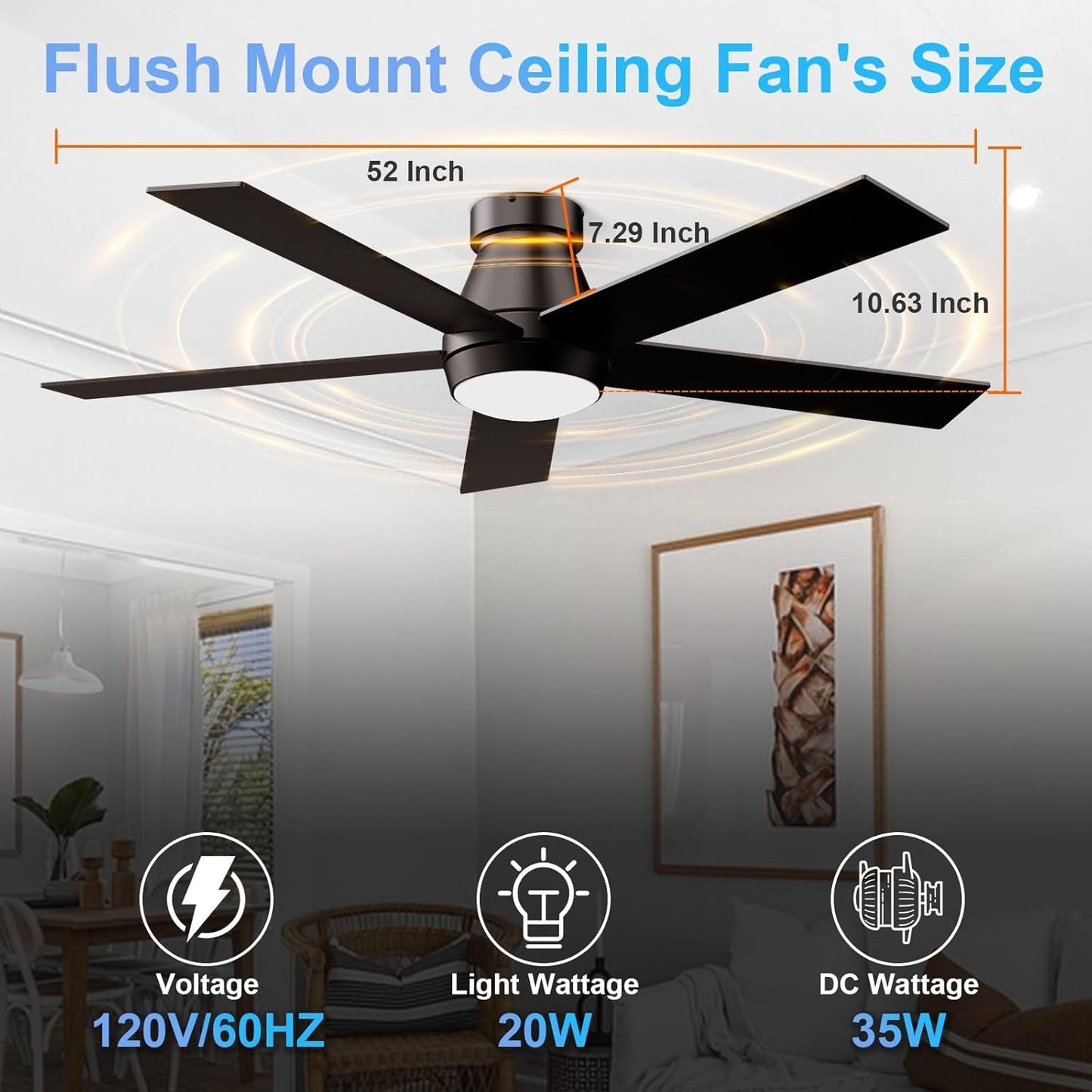 52 Inch Black Flush Mount Ceiling Fan With Dimmable Lights specifications, including size and wattage details.